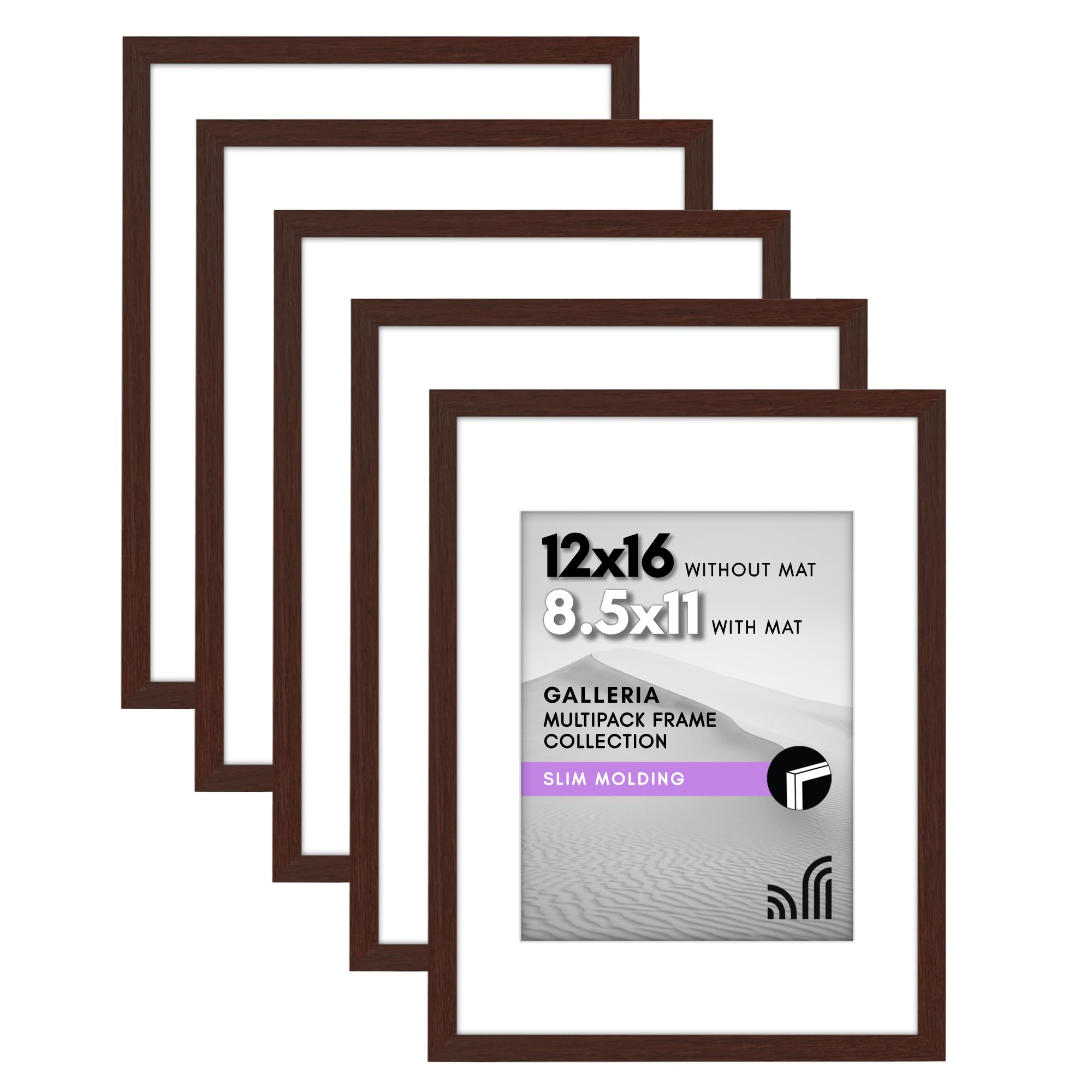 Americanflat 12x16 Picture Frame Set with Polished Plexiglass - Use as 8.5x11 with Mat or 12x16 Without - Galleria Collection - Mahogany