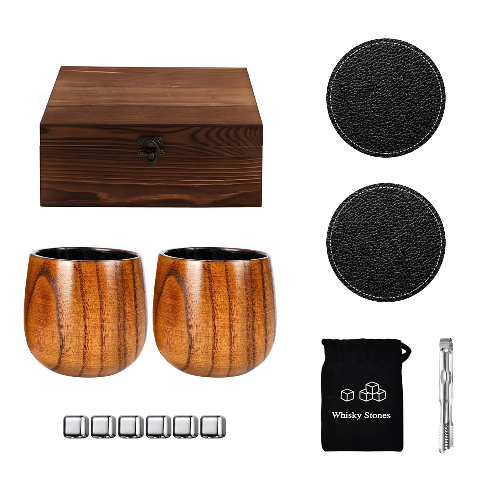 Vasos de madera con piedras irlandesas para enfriar licores sin aguar el sabor