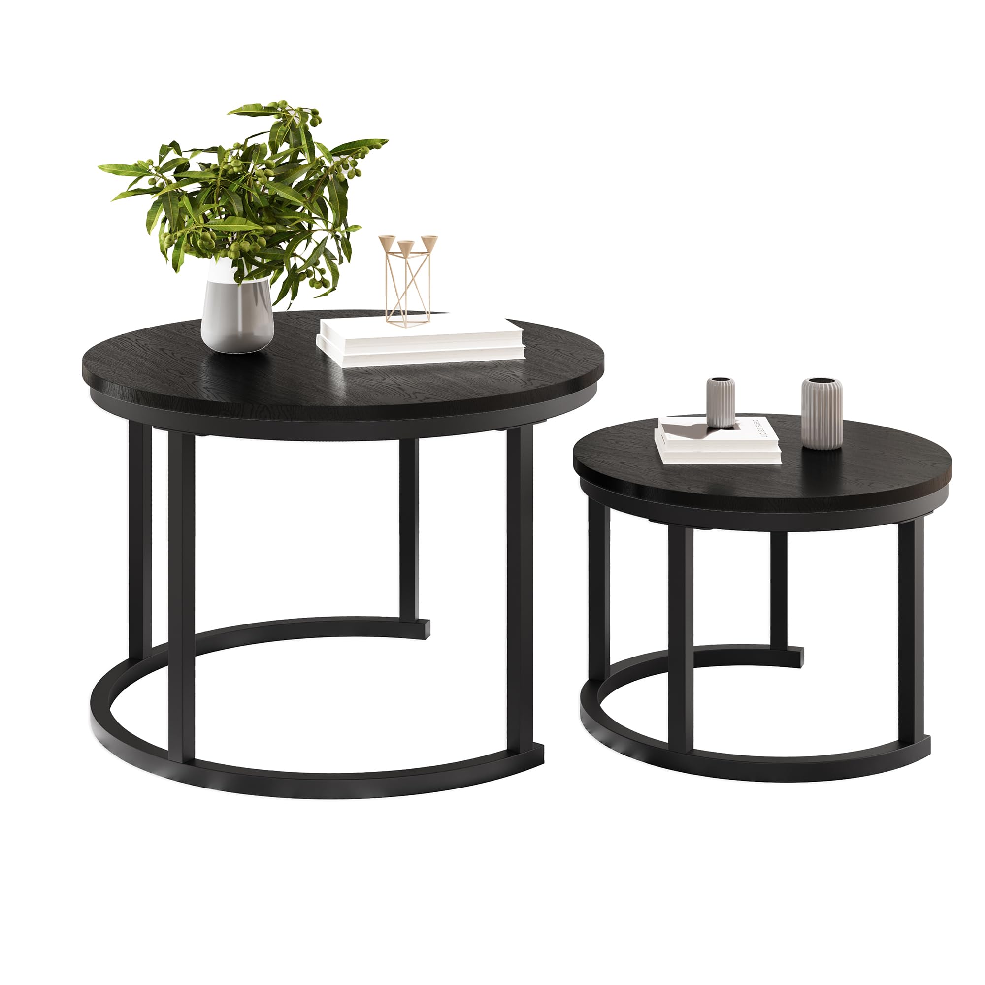 HOMERECOMMEND Tavolino rotondo, set da 2 pezzi, tavolino da salotto in legno, moderno, con struttura in metallo, per soggiorno, balcone, nero