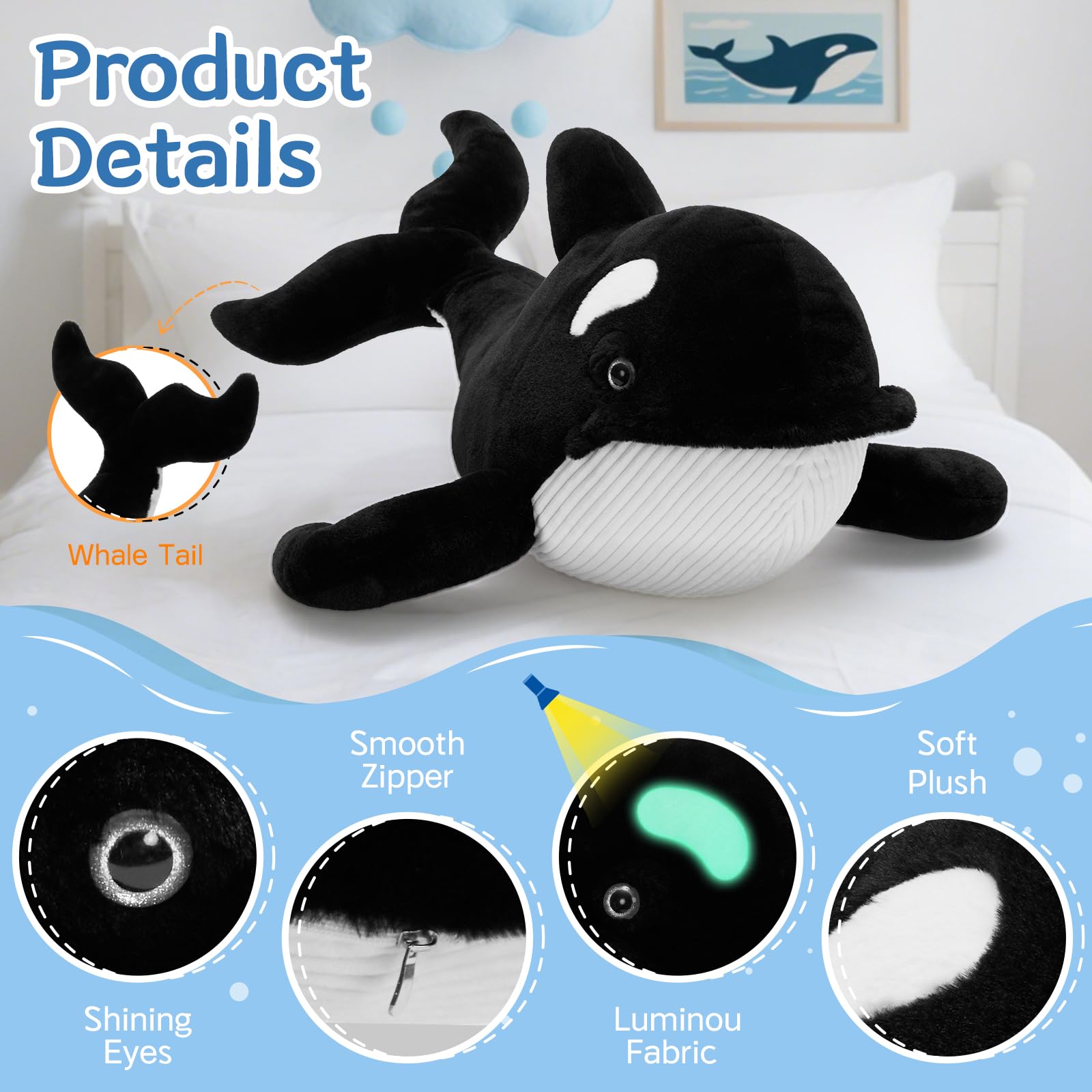 MaoGoLan 100cm lang Orca Kuscheltier XXL, weich riesen Orca stofftier plüschtier, Kinder Geburtstag Weihnachten Geschenk