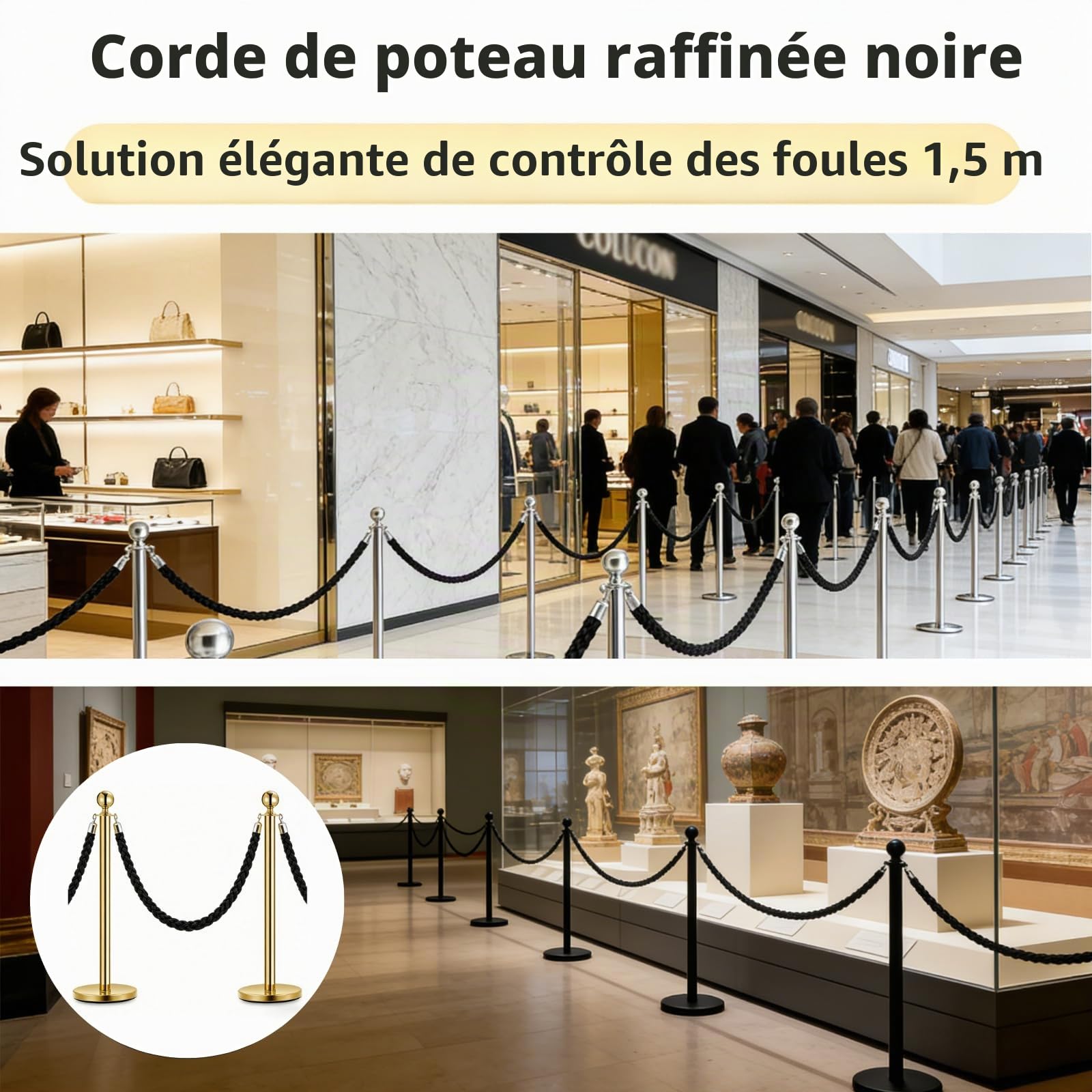 2 Pièces Cordon de délimitation Noir: 1,5m Cordes de Barrière Noir | avec Crochet, pour les hôtels, Centre Commercial, Bibliothèque, Musée, Système de Guidage des Personnes