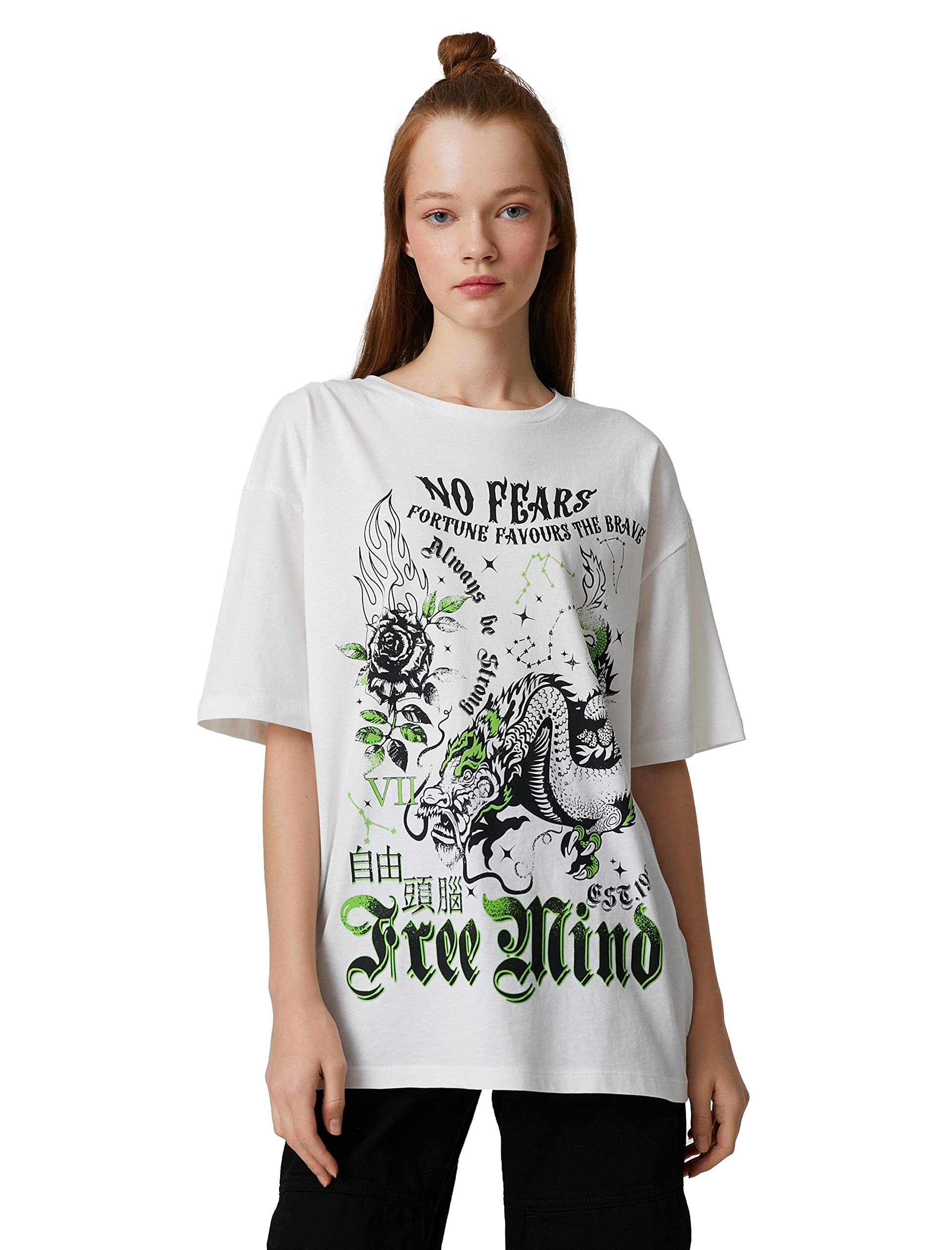 Koton Women's Crew Neck Short Sleeve Far East Printed T-Shirt, Ecru (010), XL
