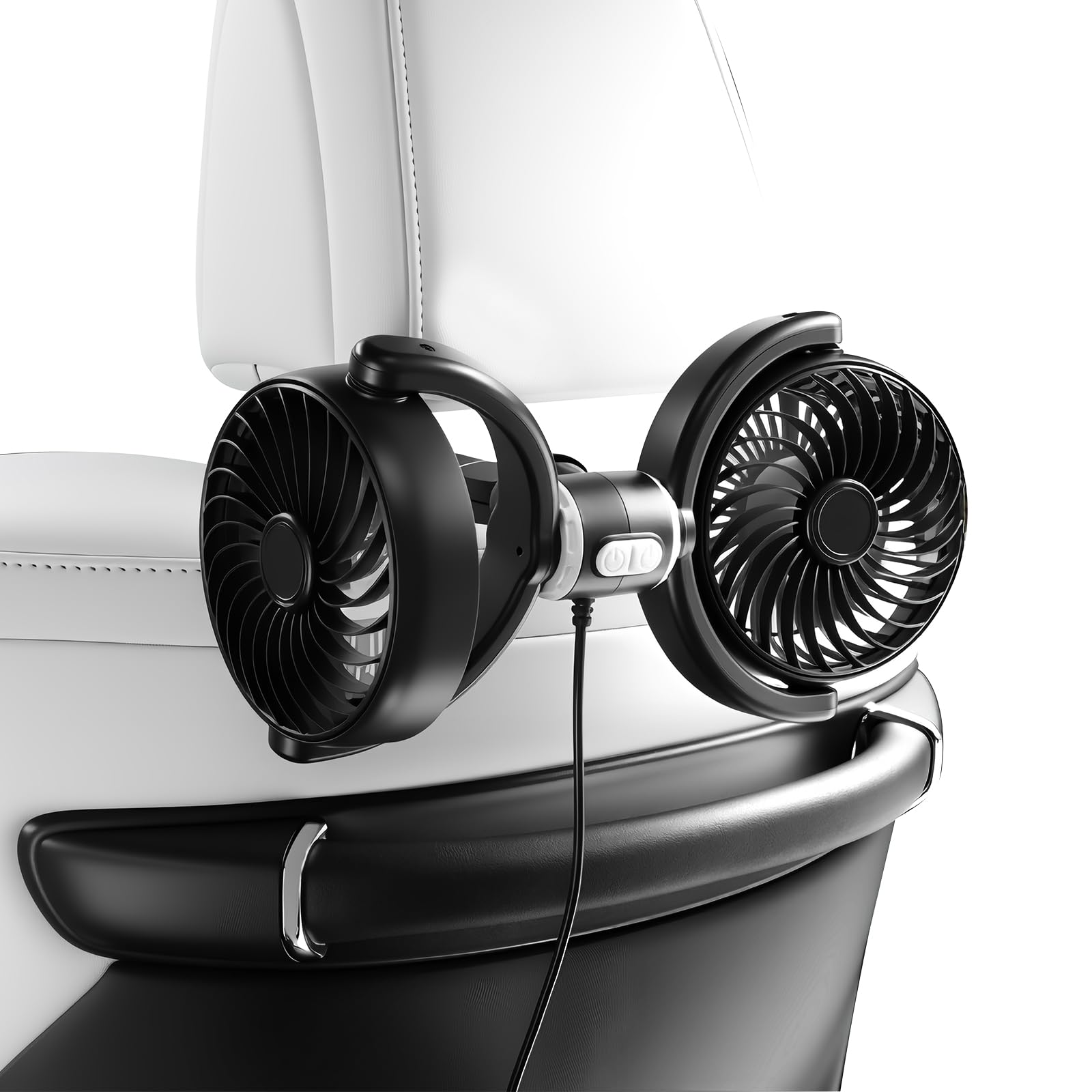 D-Lumina Ventilatore per auto da 12 V, doppia testa, girevole a 360°, con 3 velocità, ventilatore USB, ventilatore a clip per veicoli come berlina, SUV, RV per sedili posteriori