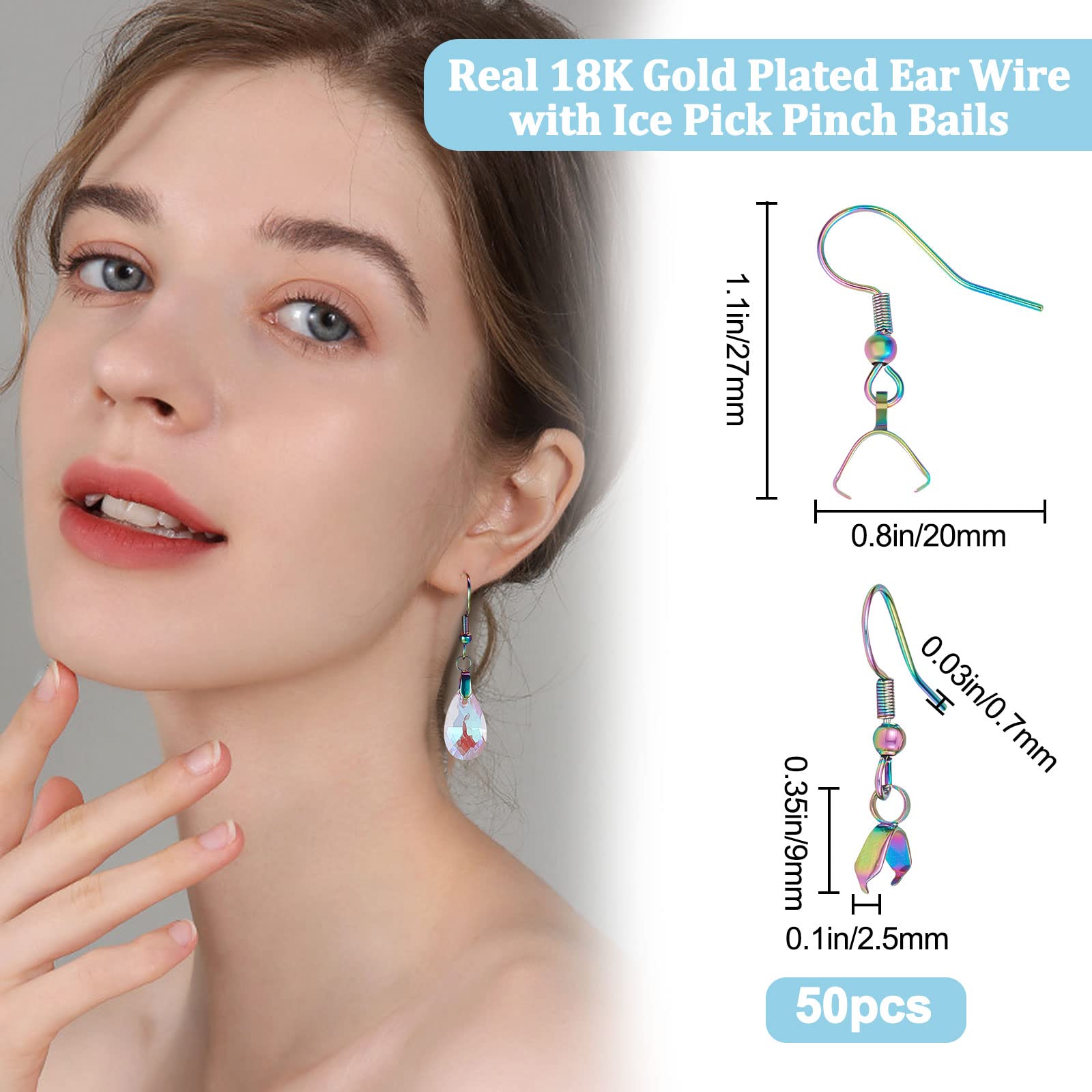 Beebeecraft 1 Box 50Pcs Ear Wire Hooks 304 Stainless Steel Rainbow Color French Earring Hook with Ice Pick Pinch Bails for Women Halloween Christmas DIY Jewelry Making - Image 2