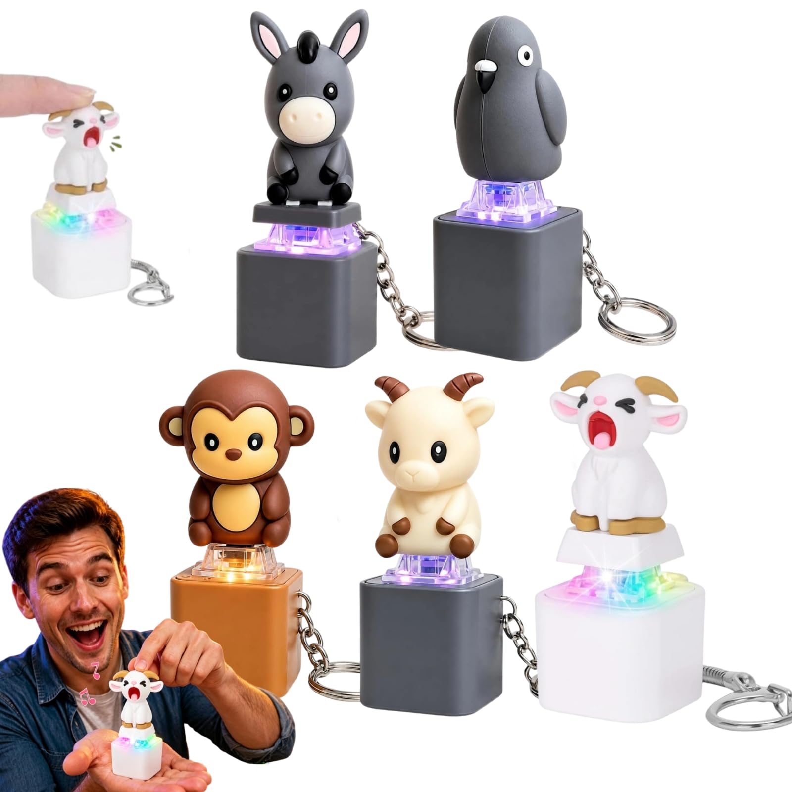 5PCS Animal Sound Fidget Clickers, Cute Push Button Noise Maker Keychain Toy for Kids & Adults, Funny Keyboard Fidget Clicker with Real Sound & LED Light, Sensory Desk Toy Party Favor Gift
