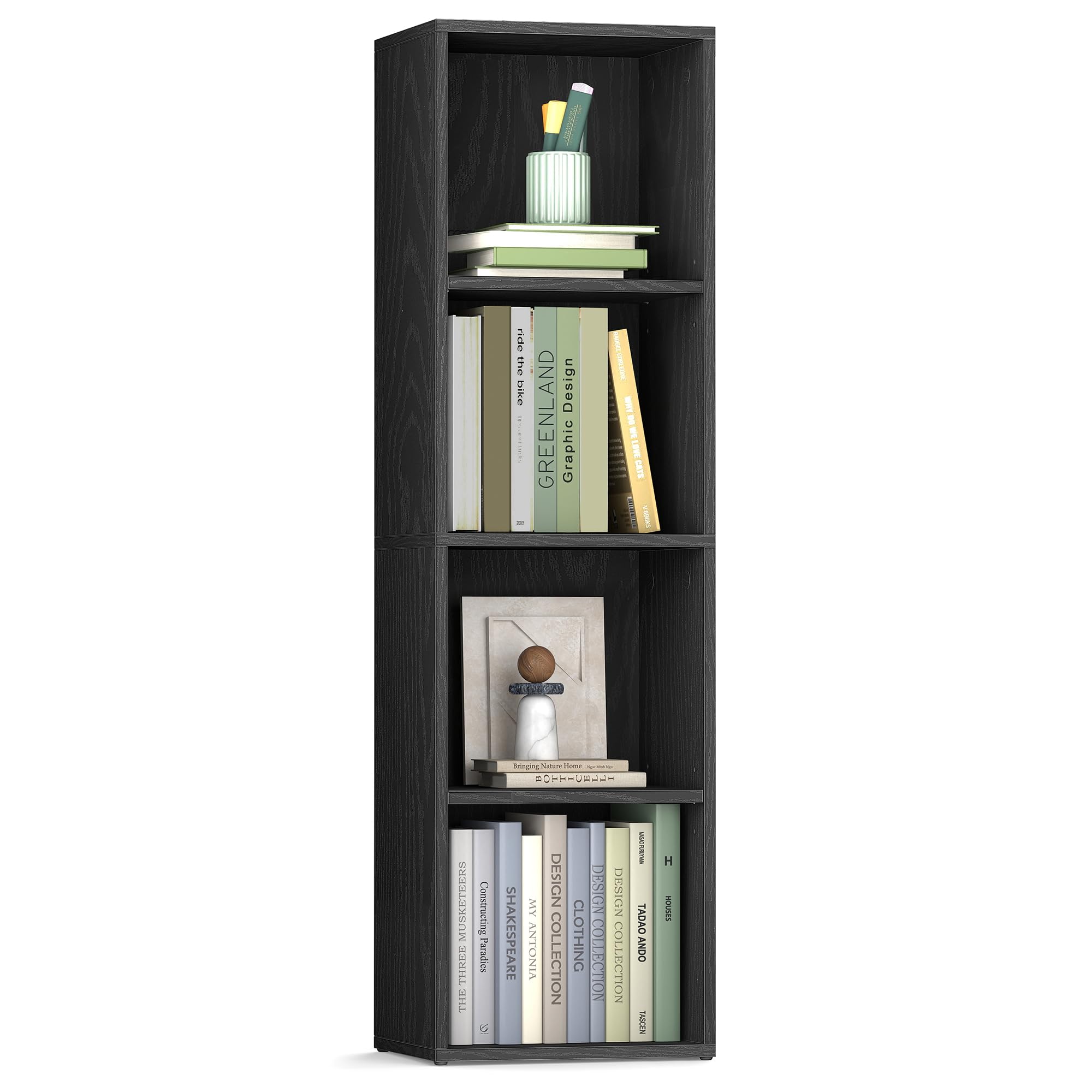 Custos Collection - Bookshelf, 4-Tier Bookcase, Book Shelf, Open Storage Shelf, 9.4 x 11.8 x 41.7 Inches, for Living Room, Home Office, Dining Room, Ebony Black ULBC434B01