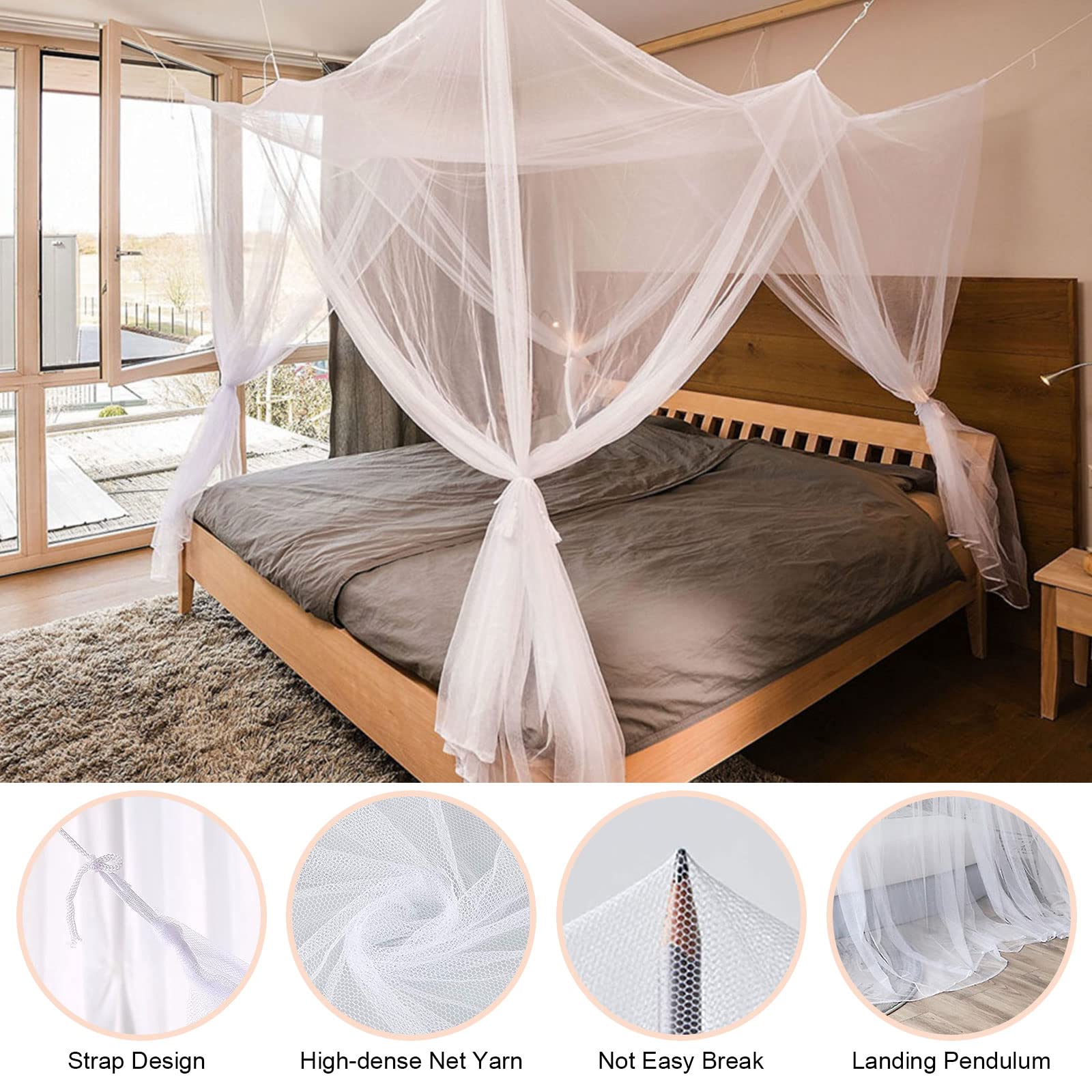 Moustiquaire de Lit à Quatre Portes, Double Carré Grand en Polyester, Baldaquin Intérieur et Extérieur - Blanc