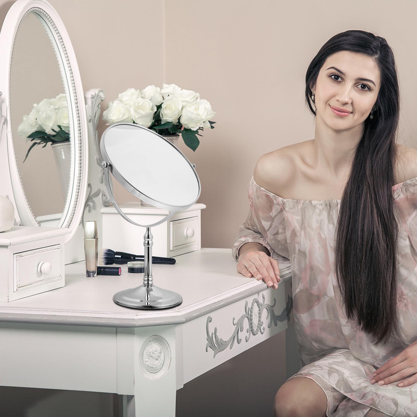 Healeved Espejo De Maquillaje De Doble Cara con Función De Aumento Espejo Cosmético Giratorio para Mujer para Uso Baño Dormitorio y Salón