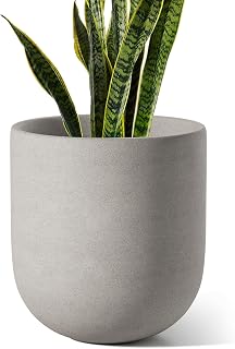 LETAUCI 10 Inch Ceramic Plant Pot with Drainage Hole & Rubber Plug - Neutral Gray Textured Indoor Planter for Home, Office, Patio (10"D x 10.2"H)