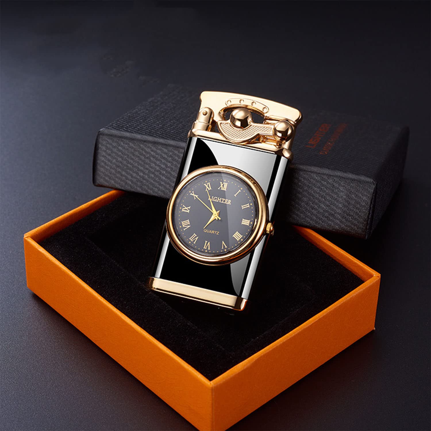 Reloj con Brazo Basculante Metal Reutilizable a Prueba de Viento Trinchera Encendedor Jet Butano Antorcha Más Ligero Cigarro Mechero Gadgets para Hombres Papá Marido,Black