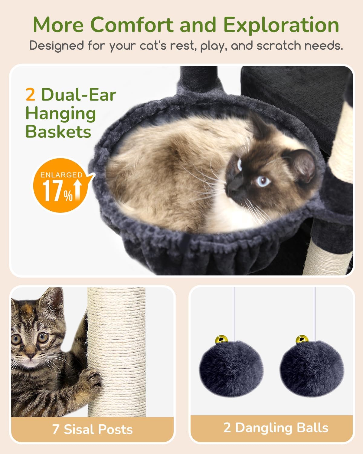 Globlazer Heavy Duty Cat Tree, 74in Sturdy Cat Tower for Large Cats Adult, Big Cat Tree with 7 Sisal Scratching Posts, 2 Padded Condos, 2 Dual-Ear Hanging Baskets, Enlarged Top Perch, S74, Dark Grey