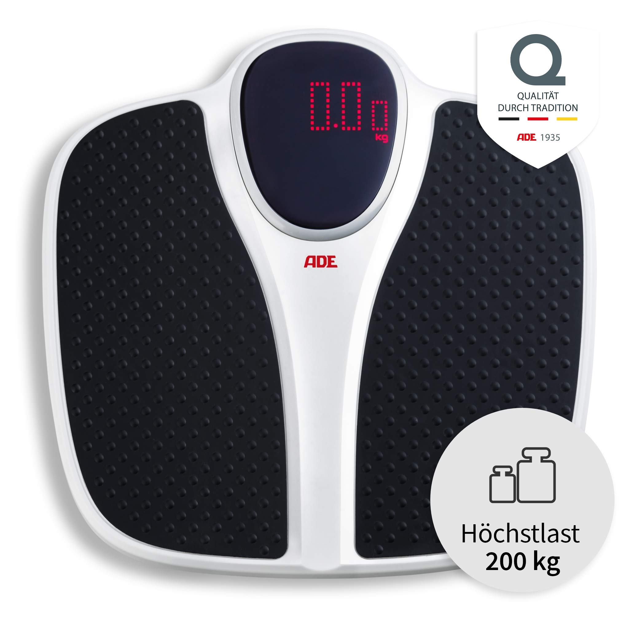 ADE Cyfrowa waga M316600 do 200 kg, bardzo szeroka, antypoślizgowa powierzchnia ważenia, wyświetlacz Red-Dot-Matrix, 1,5 kg