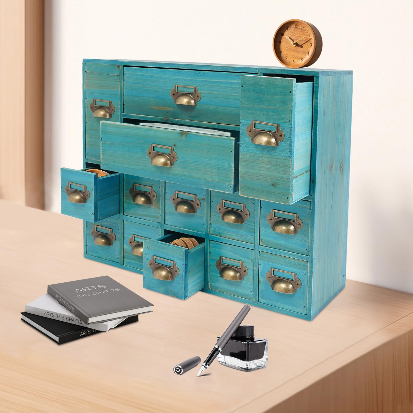 Mini Kommode mit 14 Schubladen, Vintage Schubladenbox Holz Schreibtisch Organizer Desktop Storage Cabinet für Zuhause Büro