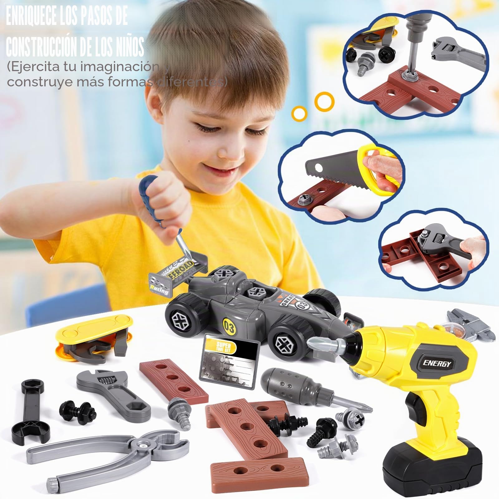 72 Pièces Herramientas Juguete, Juguetes Niños 3 4 5 Años, Herramientas de Simulación con Taladro Eléctrico, Juegos Educativos, Regalo para niños a Partir de 3 a 5 Años