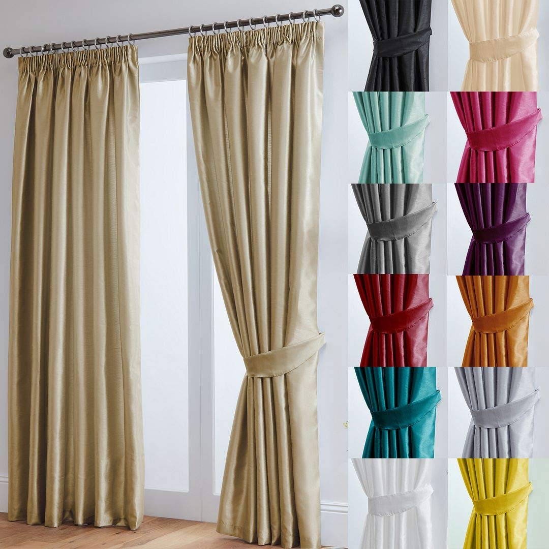 John Aird Luxury Faux Silk Fully Lined Pencil Pleat Curtains With Matching Tie Backs (Latte, 117cm Width x 183cm Drop (46"x 72")