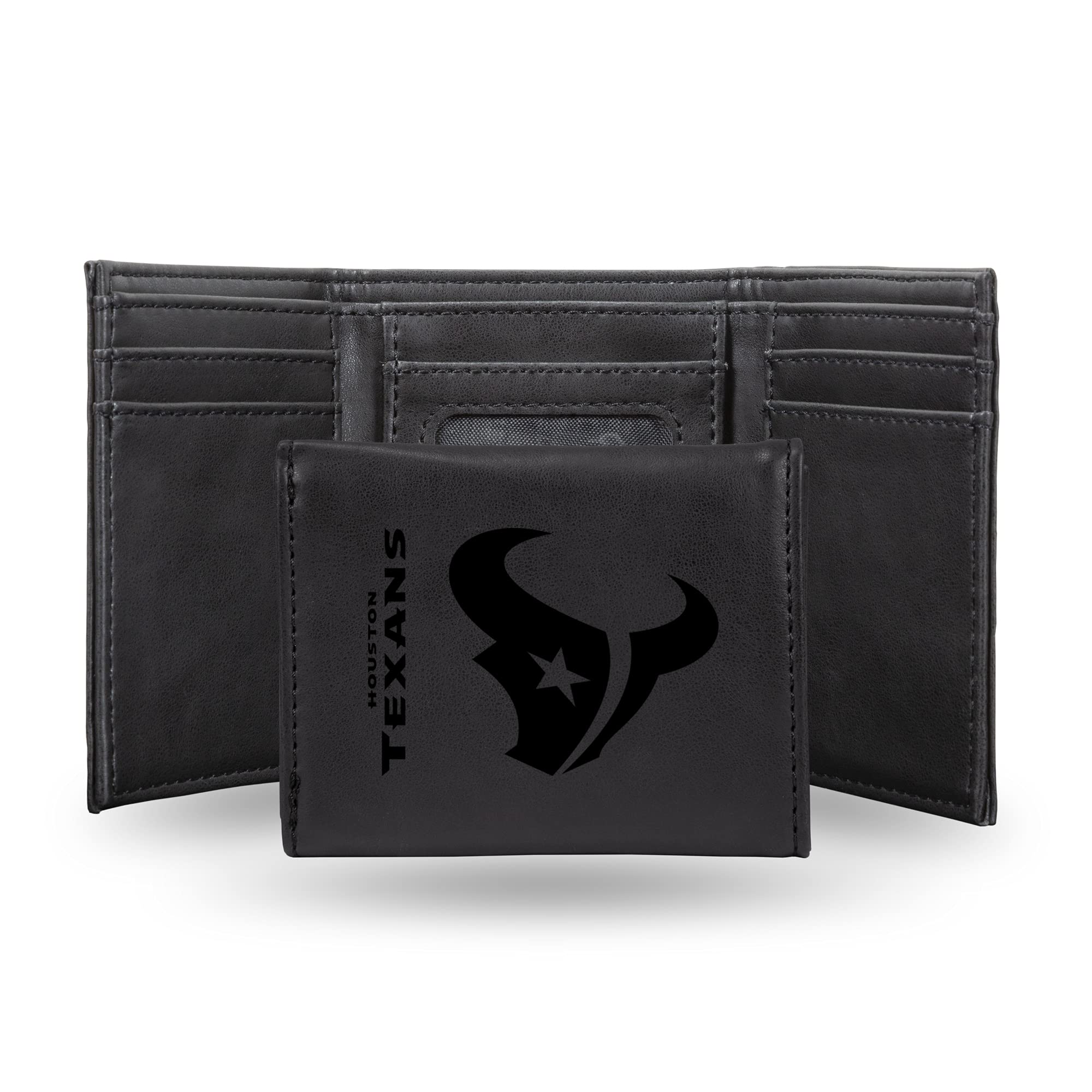 NFL Houston Texans Men's Trifold Black Wallet- Premium Laser-Engraved NFL Team Logo on Vegan/Faux Leather- Minimalist Design Includes ID Window and