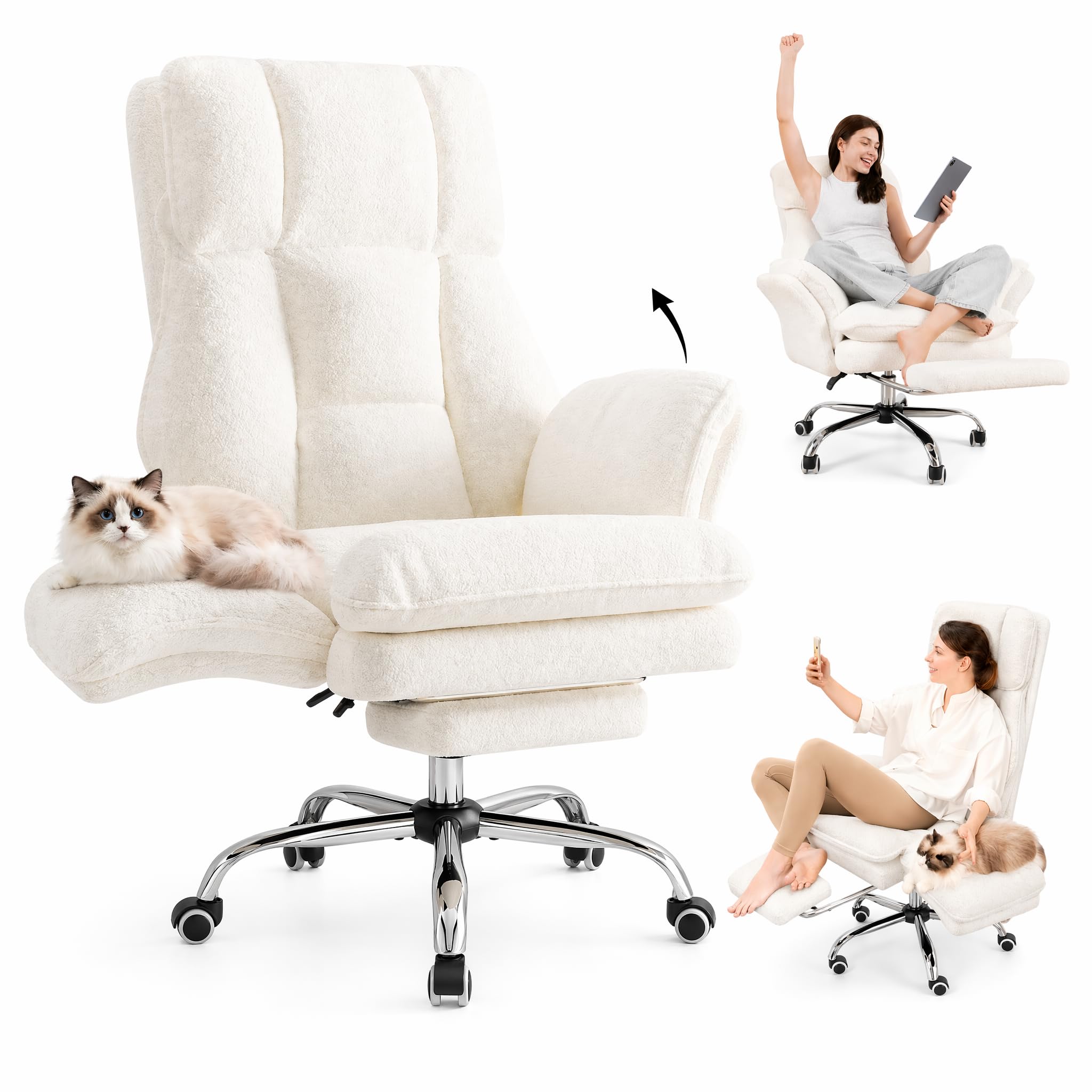 HOMRELEXA Silla de Oficina Ejecutiva Ergonómica Grande y Alta, con Reposapiés, Reposabrazos Abatibles y Respaldo Alto, Felpa de Pelo Rizado - Blanco