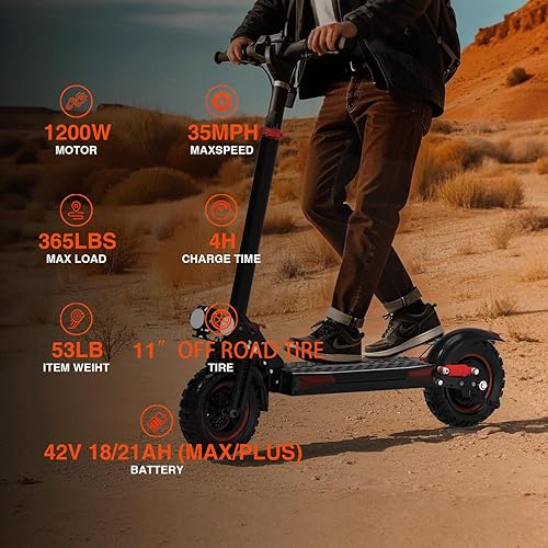 Miniatura 18 de Electric Scooter Adults, 34 MPH w/ 40-Mile Range, 48V 18/21AH, 1200W/1600W Peak Motor, 11" Off Road Puncture Resistant Inflatable Tire, Folding E