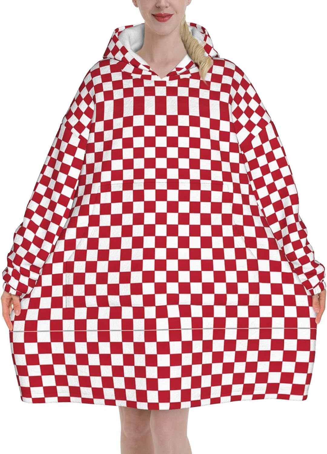 Red Checkered White Squares Print Blanket Hoodie Fleece Sweatshirt Blanket With Sleeves And Pockets