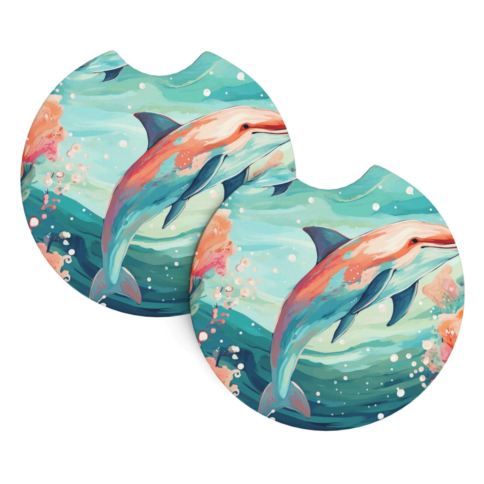 2 Pack Car Coaster for Cup Holders Lovely Dolphins Car Cup Coaster 2.7" Neoprene Non-Slip Automotive Cup Mat Universal Auto Car Interior Accessories for Women Men Cup Pad