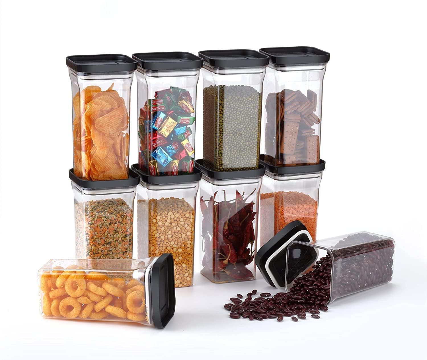 Juego de recipientes herméticos cuadrados de 1100 ml para cocina, organización de despensa, sin BPA, aptos para lavavajillas (negro, 6)
