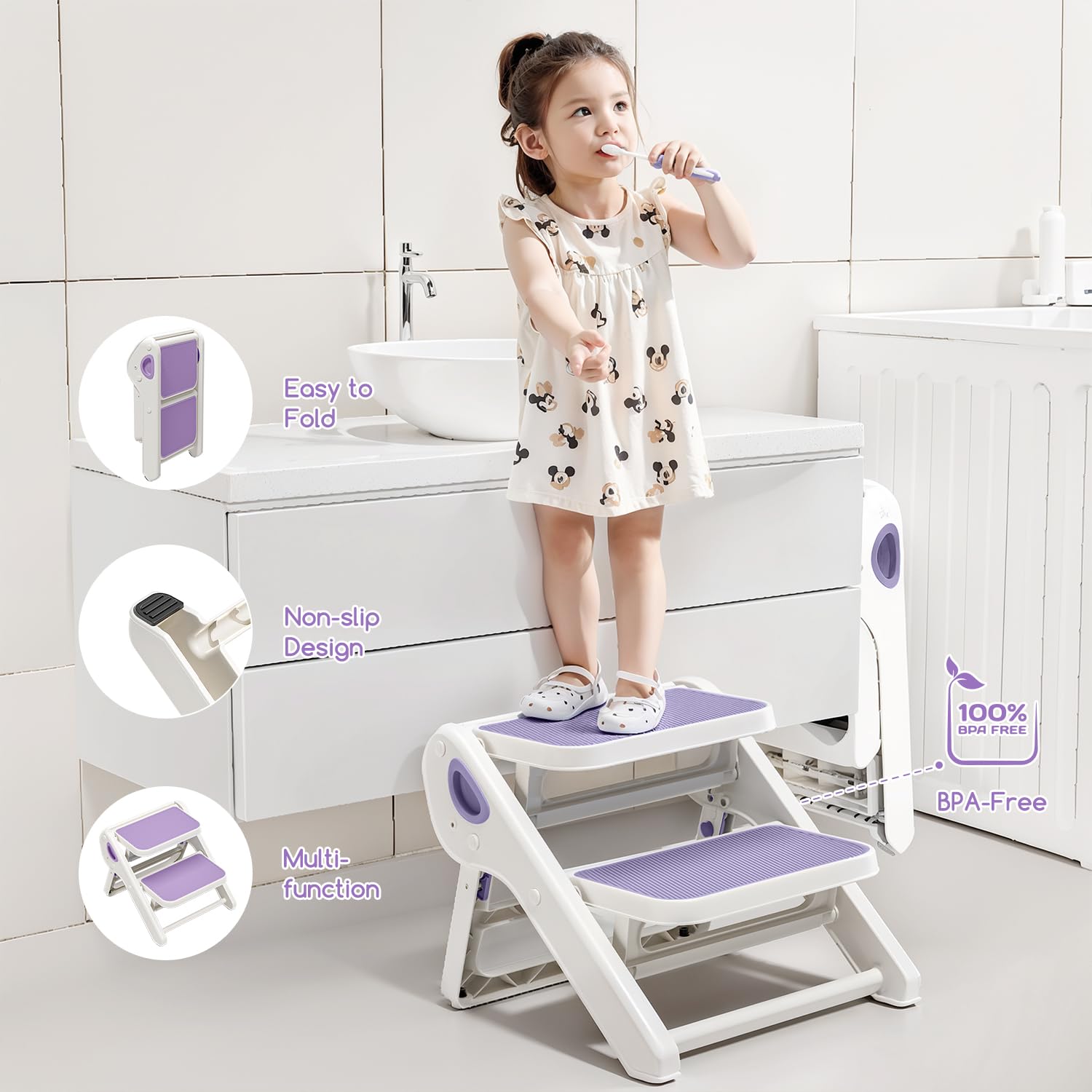Faltbarer Kleinkind-Tritthocker für Waschbecken – 2-stufiger Kinderhocker für Töpfchentraining, Küchentheke & Schlafzimmer, stabiler rutschfester Kindersicherheitshocker Helfer
