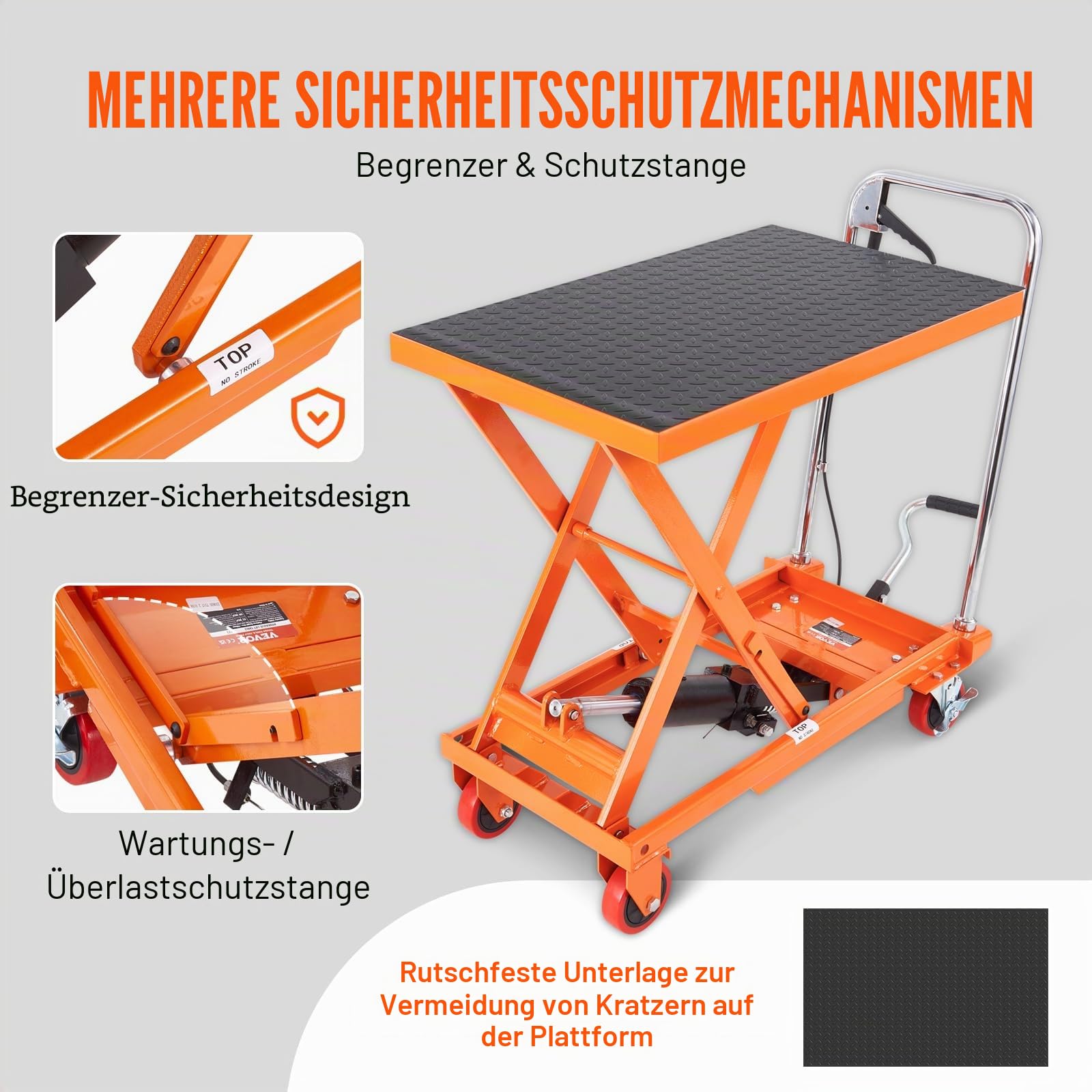 VEVOR Scherenhubtisch hydraulisch 230 kg Tragfähigkeit Hubtischwagen 220–720 mm Hubbereich Hubtisch Werkstatt 700 x 450 mm Plattform Scherenhubwagen Einzelschere für Fabriken Lagerhäuser Supermärkte