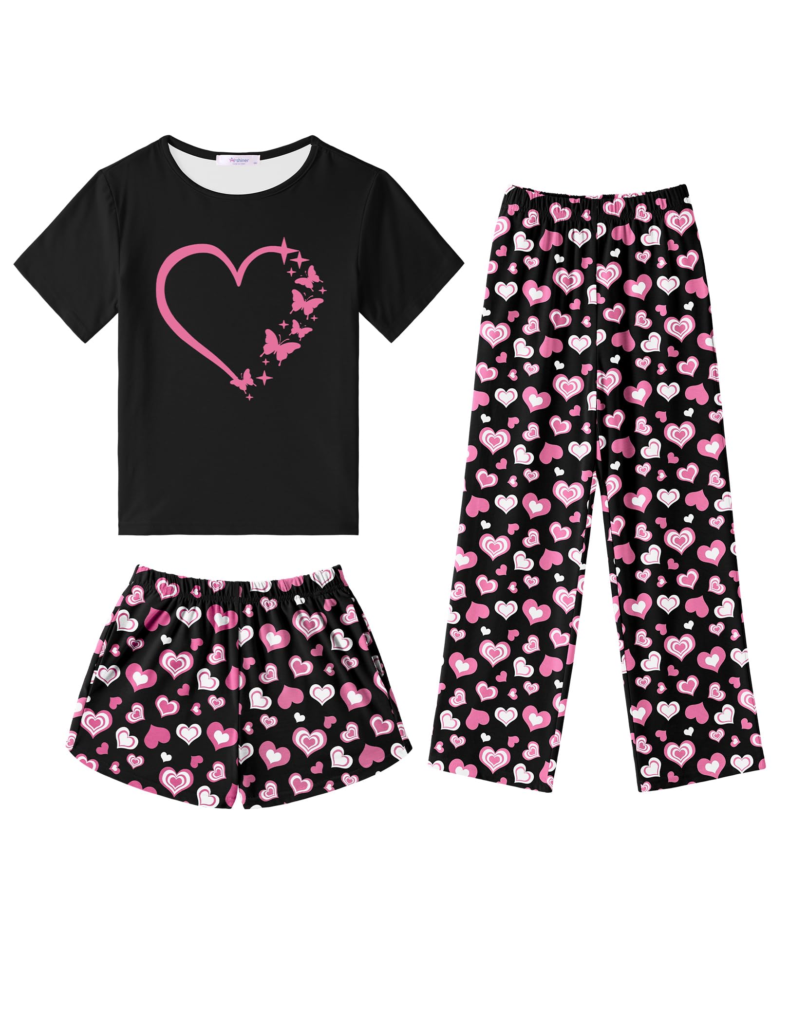 Arshiner Girls Pajama Set 3 Piece Short Sleeve Sleepwear Summer Soft Cute Pjs Outfits