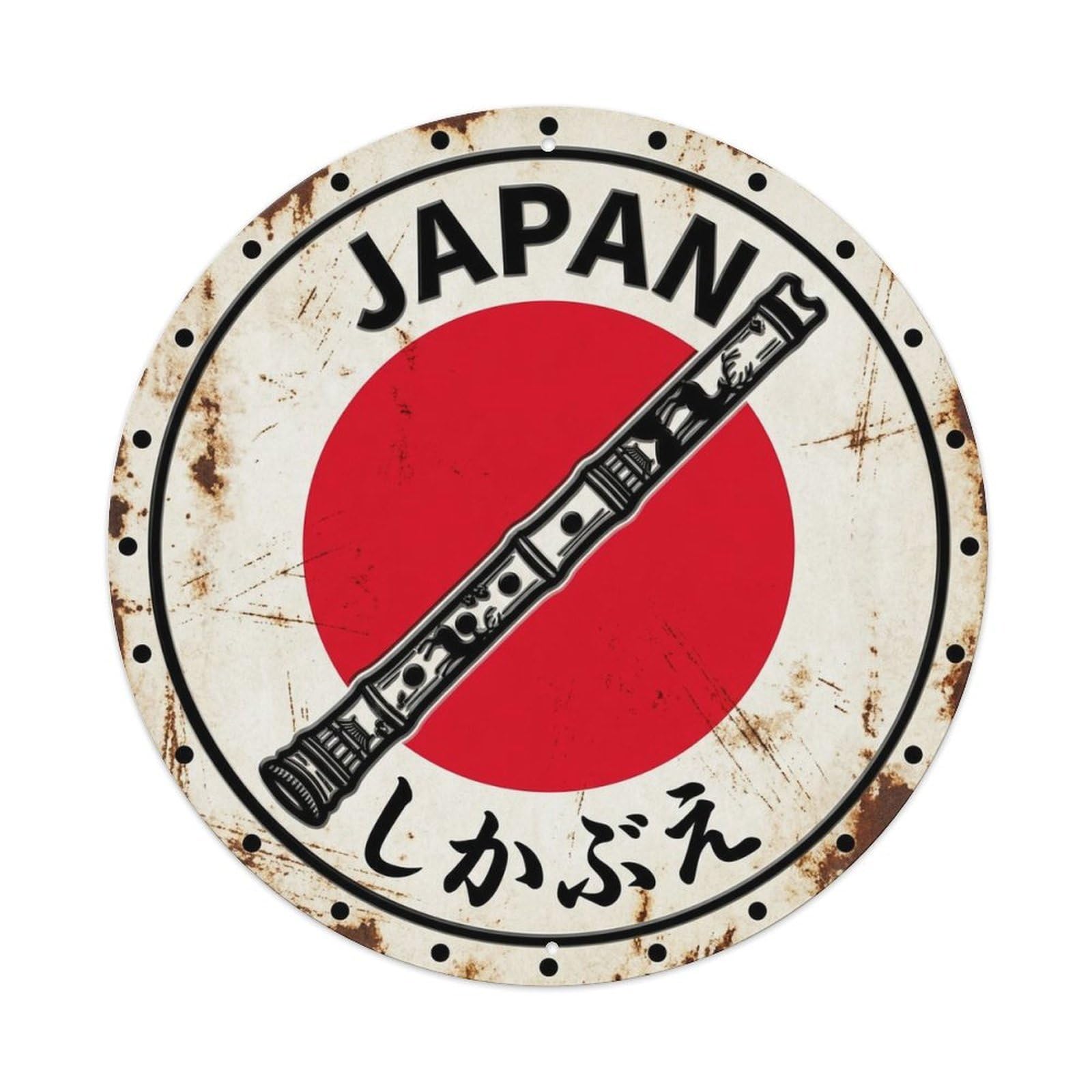 Deer Flute Japan Forest Animal Nippon Red Circle Crest Metal Tin Sign Plaque Wall Decor for Cafe, Man Cave, Club Bar, Office, Home Garden Round Metal Poster 8x8Inch
