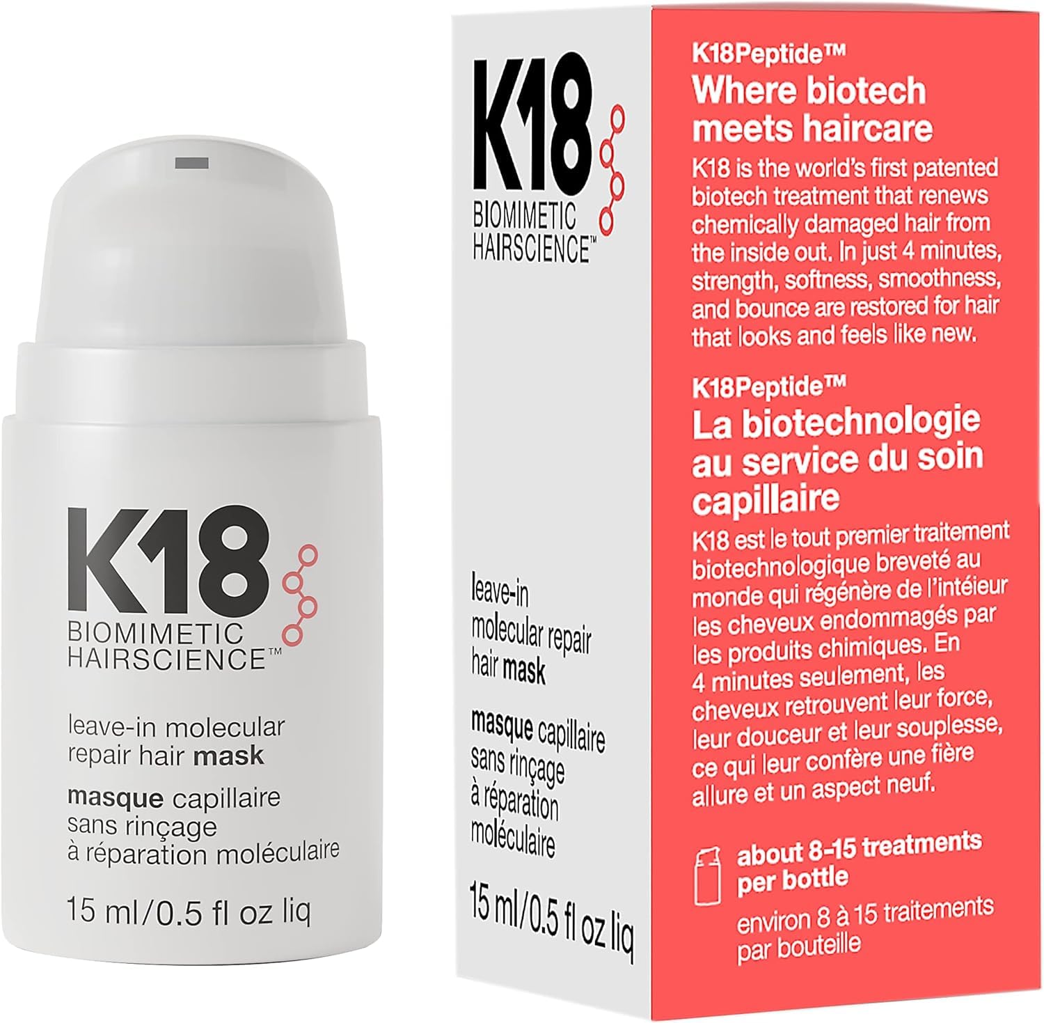 "K18 Leave-In Repair Hair Mask Treatment to Repair Dry or Damaged Hair, 4 Minutes to Reverse Hair Damage from Bleach, Color