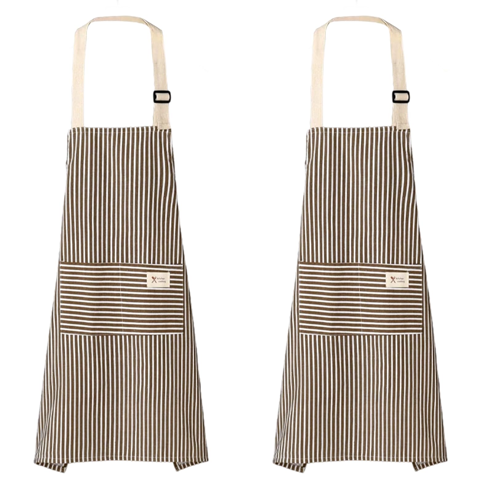 YSDINK 2 Pack Unisex Stripe Apron with Adjustable Straps, Cotton Canvas Apron with 2 Pockets for Cooking, Baking, BBQ, Gardening, and Home Cleaning, Ideal for Chefs and Home Enthusiasts (Coffee)