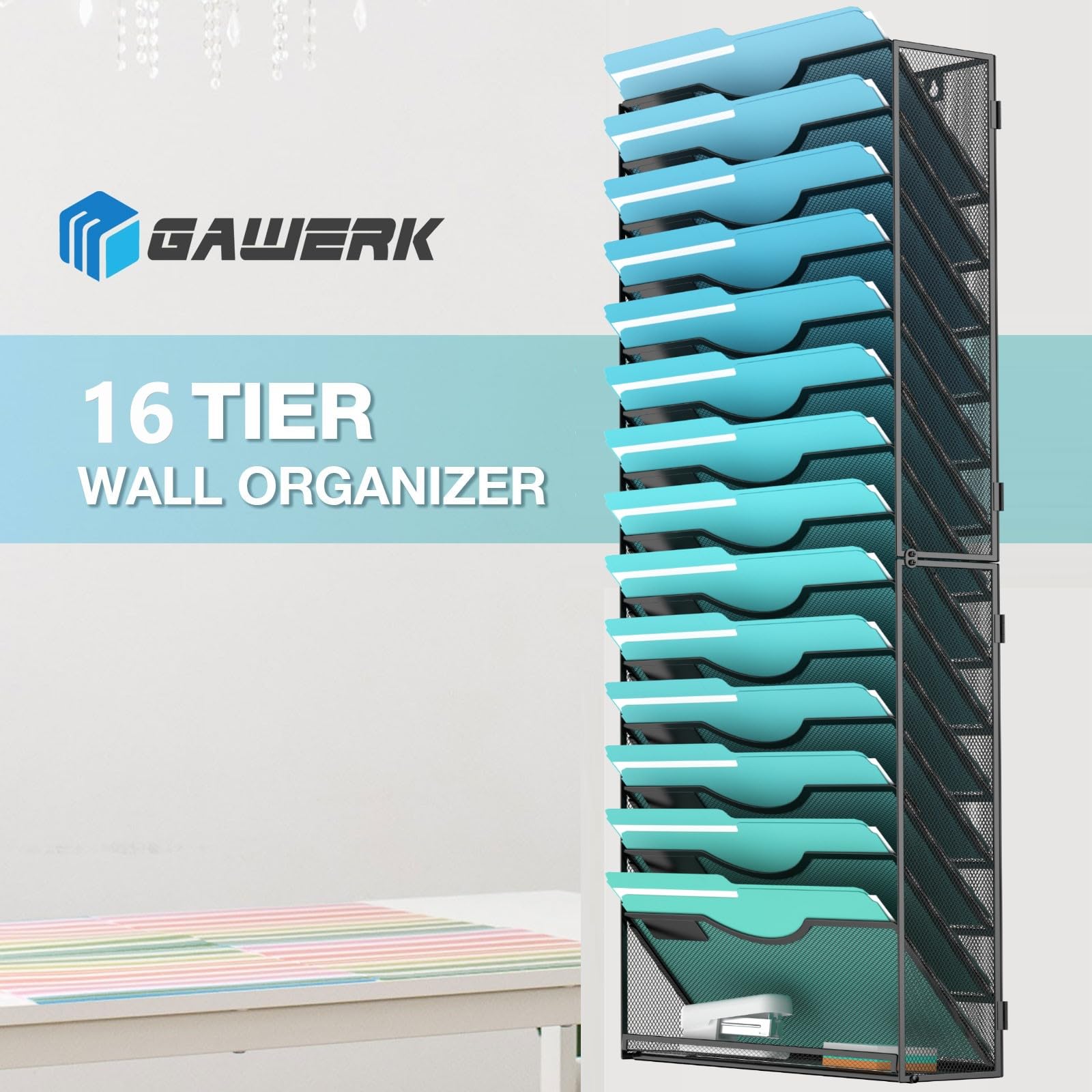 Gawerk Organiseur mural à 15 niveaux pour dossiers muraux à suspendre - Organiseur mural en maille pour magazines, documents, courrier - Organiseur mural pour bureau, école, maison - Noir