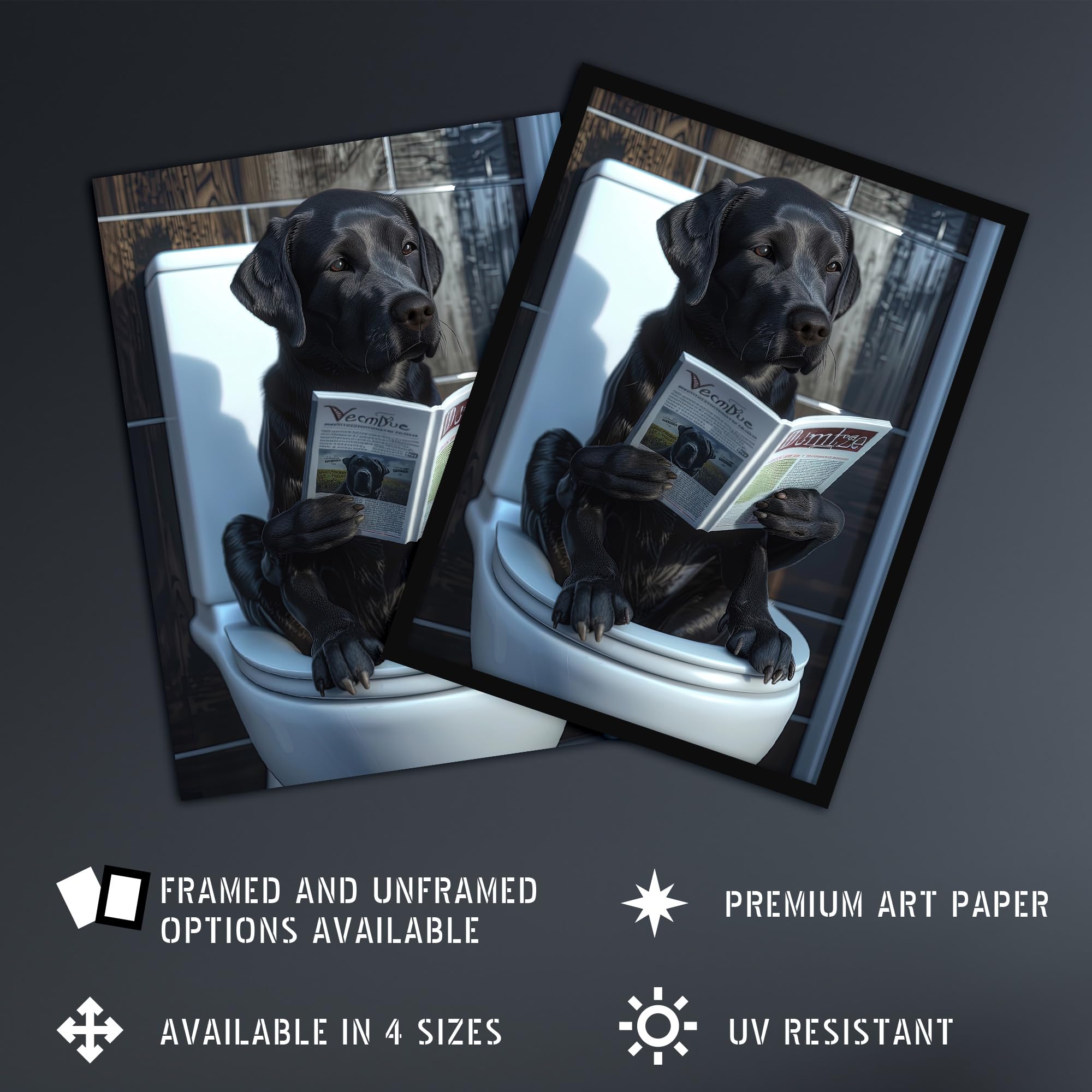 Artery8 Dog Lover Funny Black Labrador Reading on Toilet For Bathroom Artwork Framed Wall Art Print A4, Framed A4, 32.3L x 23.4W cm - Image 2