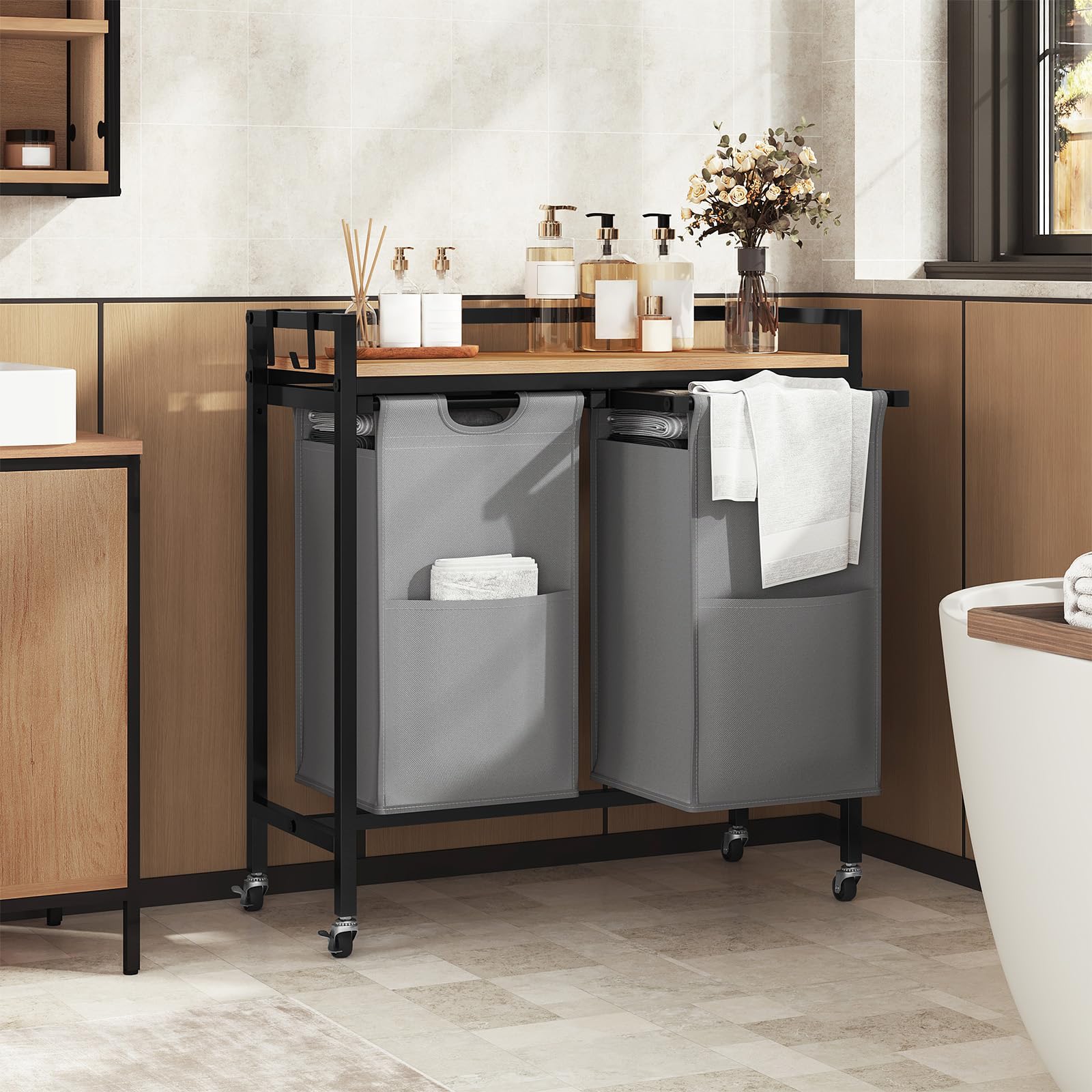 EUGAD Cesto Portabiancheria, 2 Sacchi in Tessuto Oxford Rimovibili, Porta Biancheria, Struttura in Metallo, per Bagno e Lavanderia, 70x30x71cm, Capacità 40L per Cesto