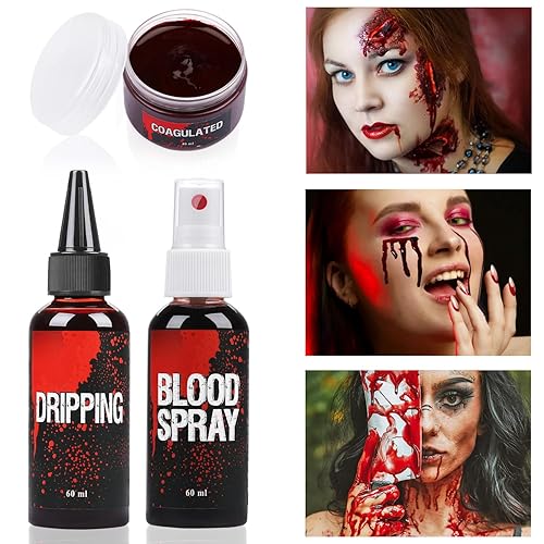 Miniatura 2 de Juego de sangre falsa, 2.1 onzas de aerosol de sangre falsa y 2.1 onzas de sangre que gotea y sangre de gel coagulada de 1.41 onzas, maquillaje de