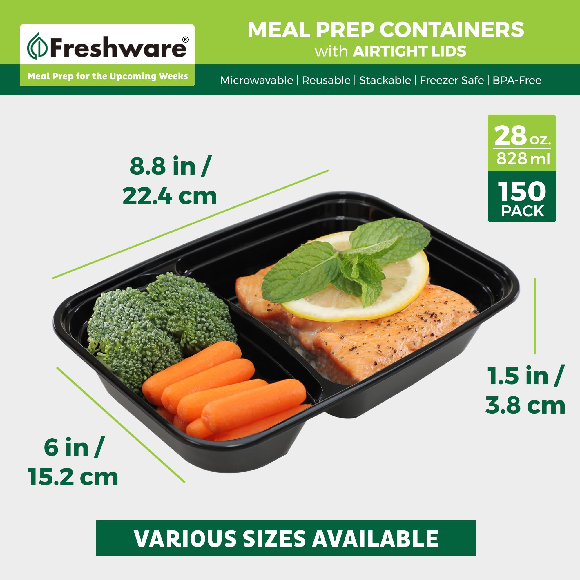 Freshware Contenedores de preparación de comidas [150 unidades] 2 compartimentos con tapas, contenedores de almacenamiento de alimentos, caja bento, sin BPA, apilables, aptos para microondas,
