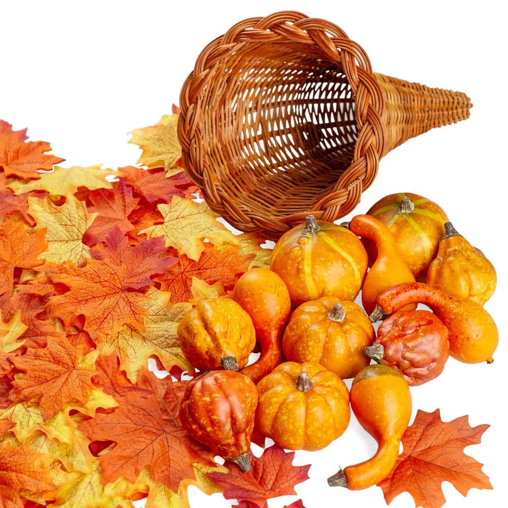 Factory Direct Craft Thanksgiving Cornucopia of Orange Artificial Pumpkins and Gourds with Leaves - Horn of Plenty for Fall Decorating and Displays