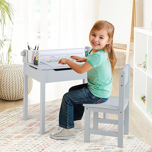 Miniatura 55 de HONEY JOY Juego de mesa y silla para niños, escritorio y silla de madera con cajón, soporte para rollo de papel y 2 rotuladores, juego de mesa de