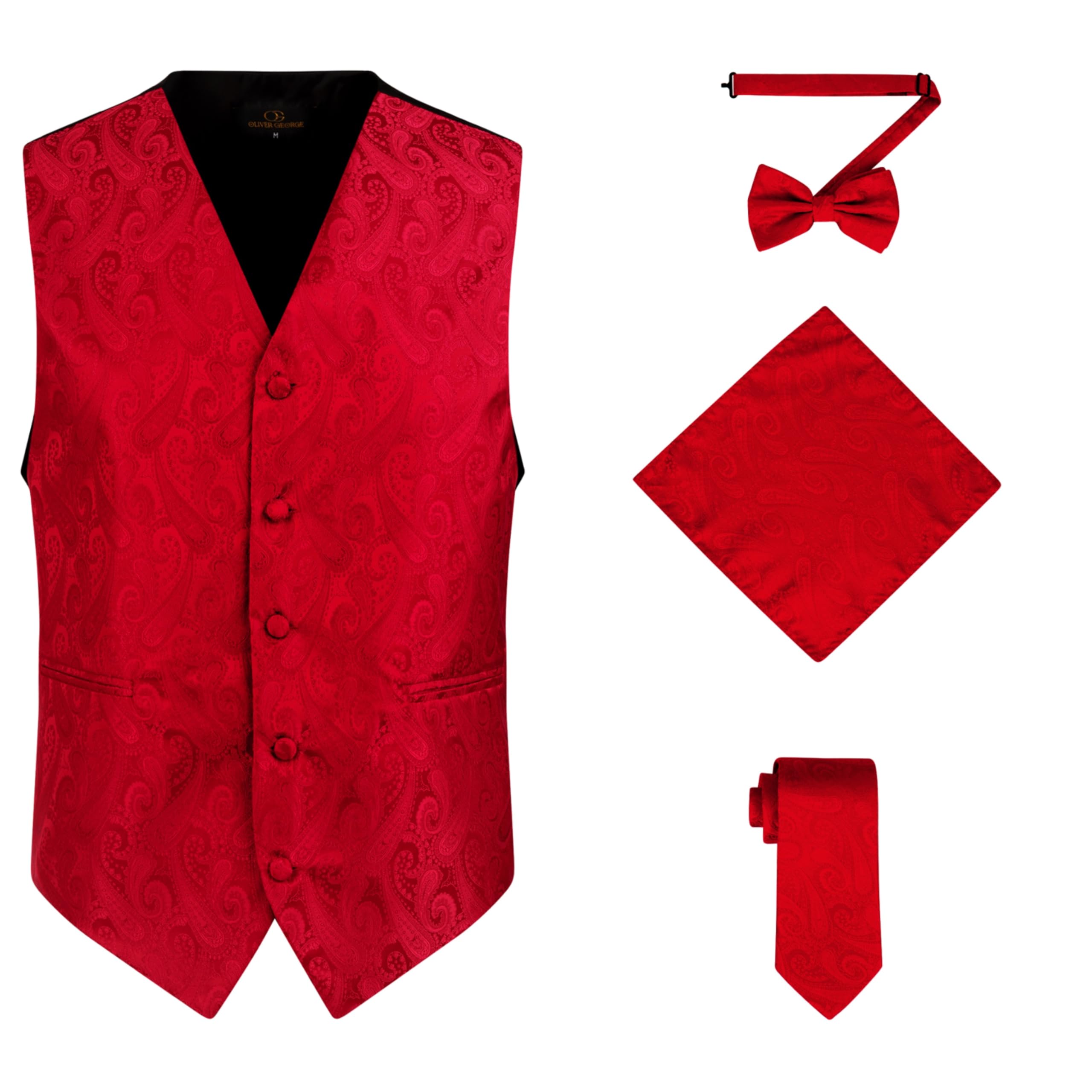 Oliver George Men's 4pc Paisley Formal Suit Waistcoat Tuxedo Dress Vest Necktie Bowtie Handkerchief Set for Suit or Tuxedo, Red, XXXL