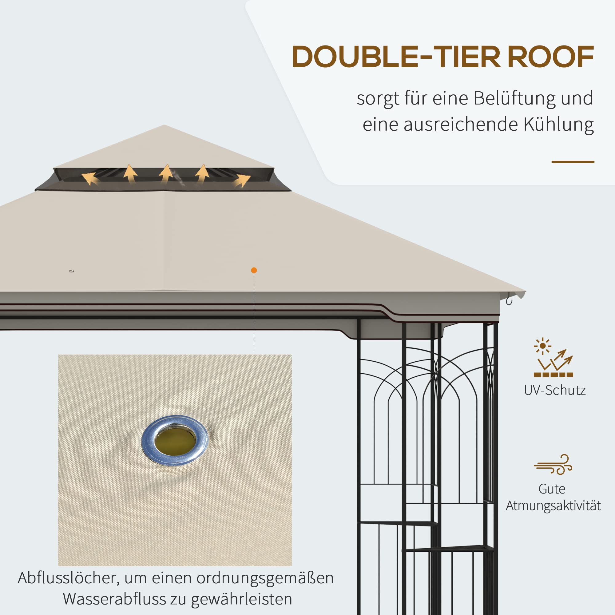 Outsunny Gartenpavillon mit Doppeldach Pavillon Gartenzelt Festzelt Partyzelt mit 4 x Seitenwand Metall+Polyester Beige 2,99 x 2,99 x 2,74 m