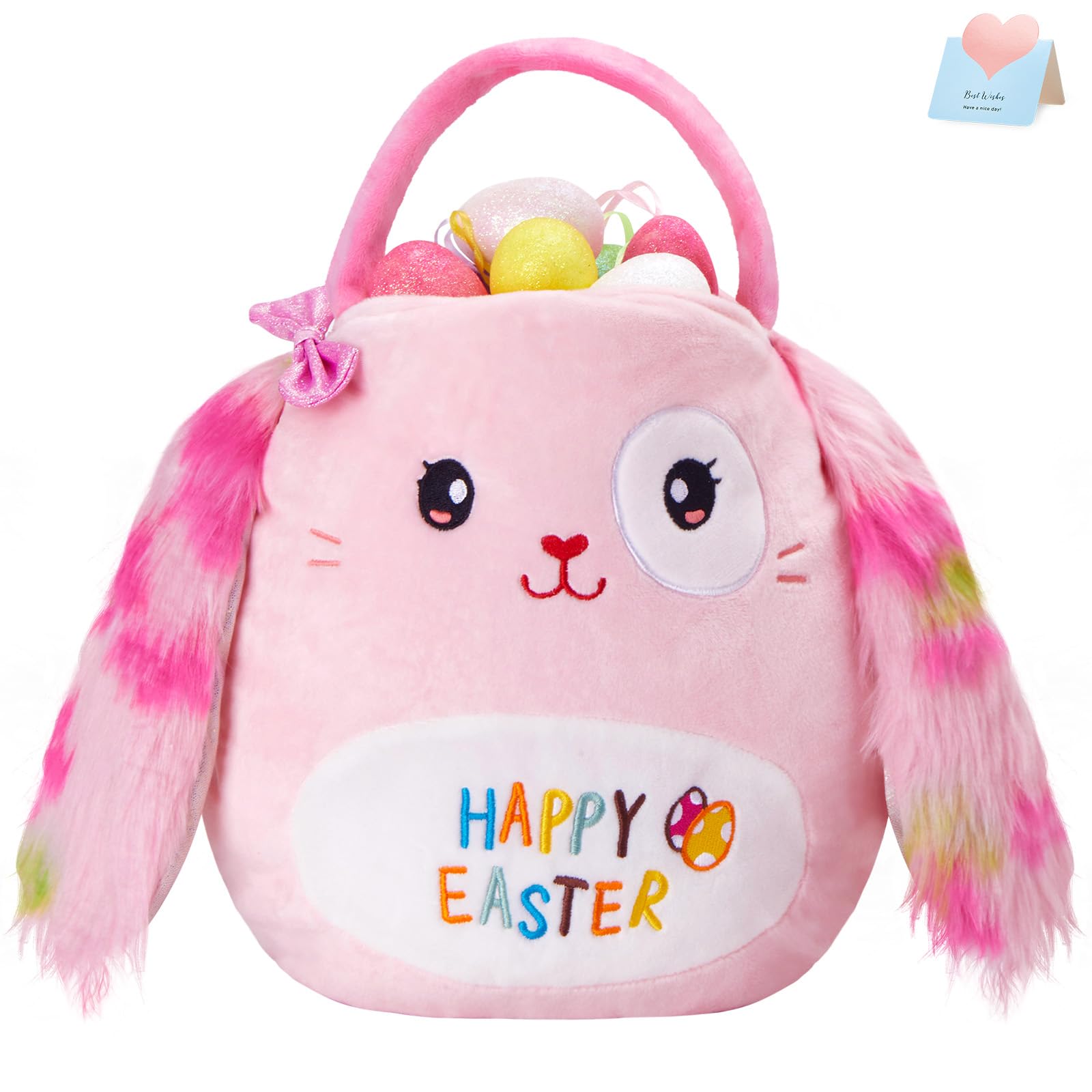 Glow GuardsPlush Easter Basket Cute Bunny Easter Treat Pail Ultrasoft Furry Bunny Basket for Easter Egg Hunting,Plush Bucket for Kids & Adults