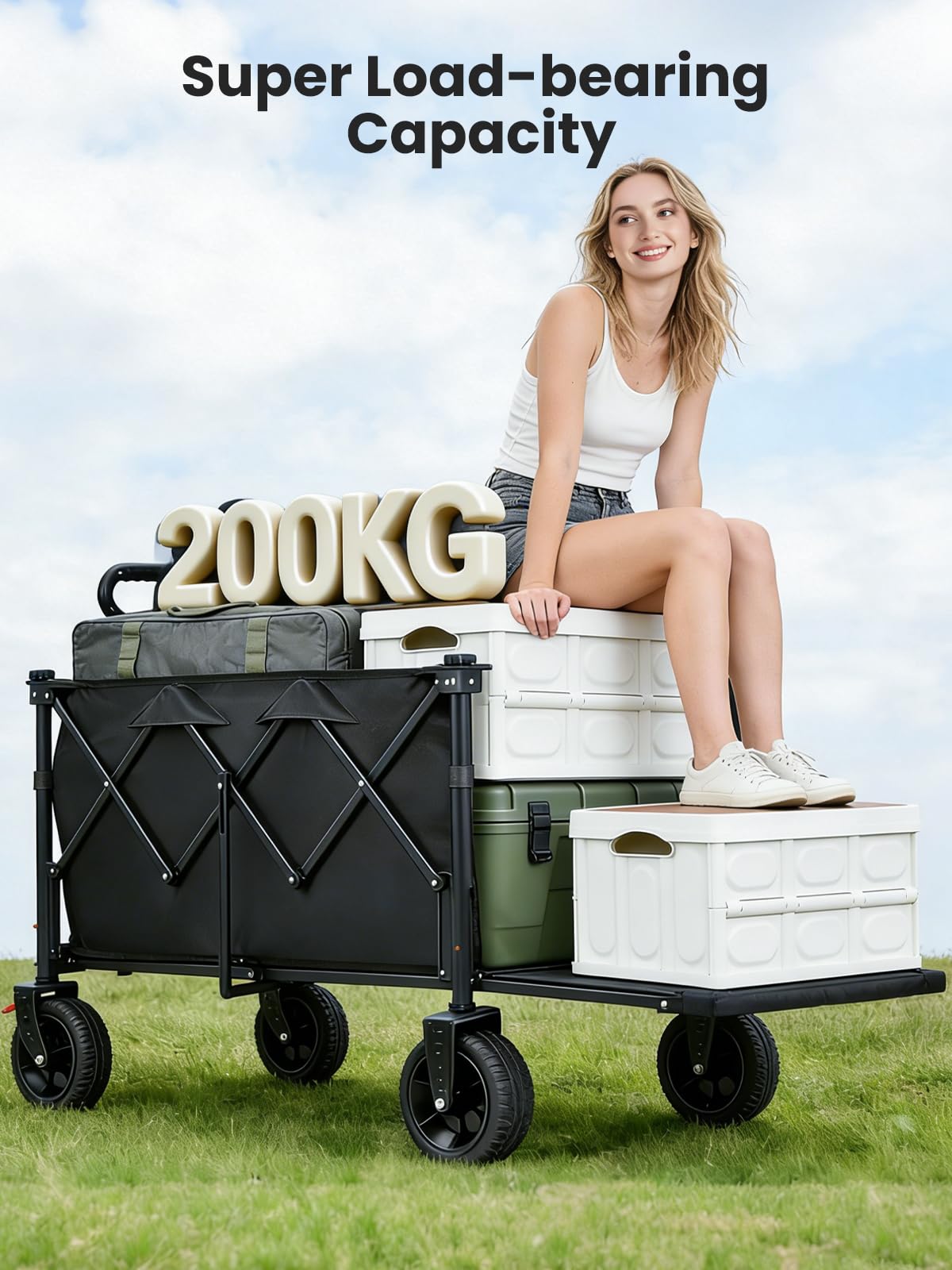 YEAUPE PRO Chariot Pliable 240L 200KG, Chariot de Courses Chariot Tout Terrain À Freins, Hayon Entièrement Rabattable À Plat pour Objets Longs – Idéal pour Courses Et Activités Extérieures