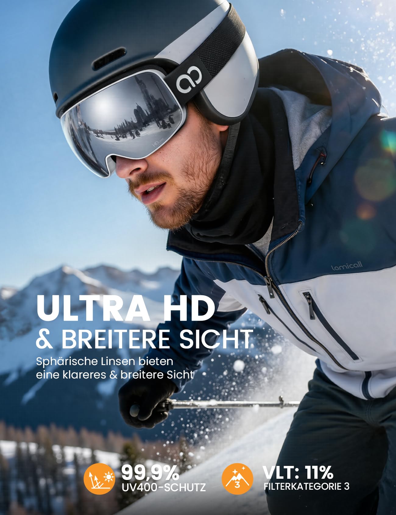 Lamicall Skibrille Herren, OTG Snowboardbrille Damen - [Ultra HD & Breitere Sicht] TOP Anti-Foge Ski Brille für Brillenträger, Verspiegelte Snowboard Schutzbrille, UV400 Schneebrille mit Blendenschutz