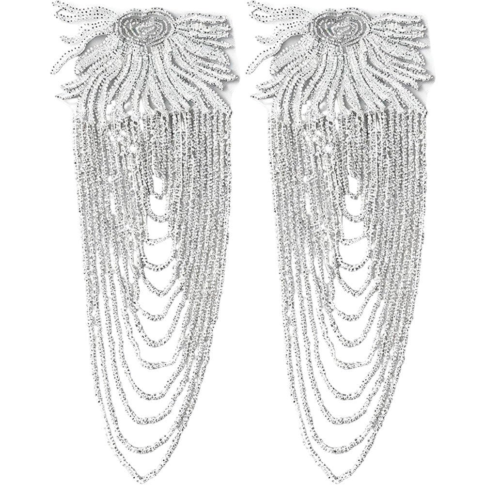 Sofezdo 2pcs Beaded Rhinestones Applique Embellishment Beads Epaulettes Shoulder Patches Sparkle Crystal Sewing Patch for Bodice