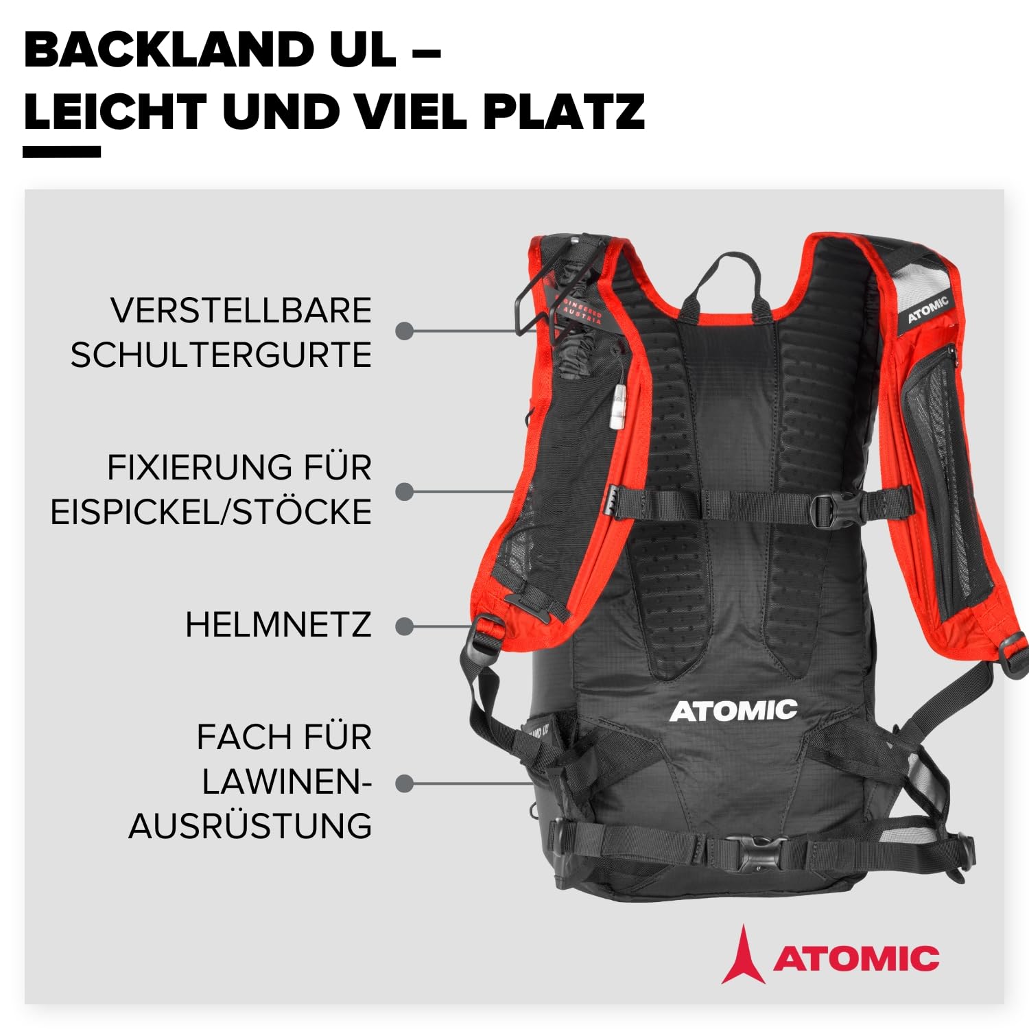 Atomic Backland UL 16+ - 16-20L Skitourenrucksack - Fächer für Lawinenausrüstung, Felle & Steigeisen - Schnellbefestigung für Ski - Ideal für schnelle Touren
