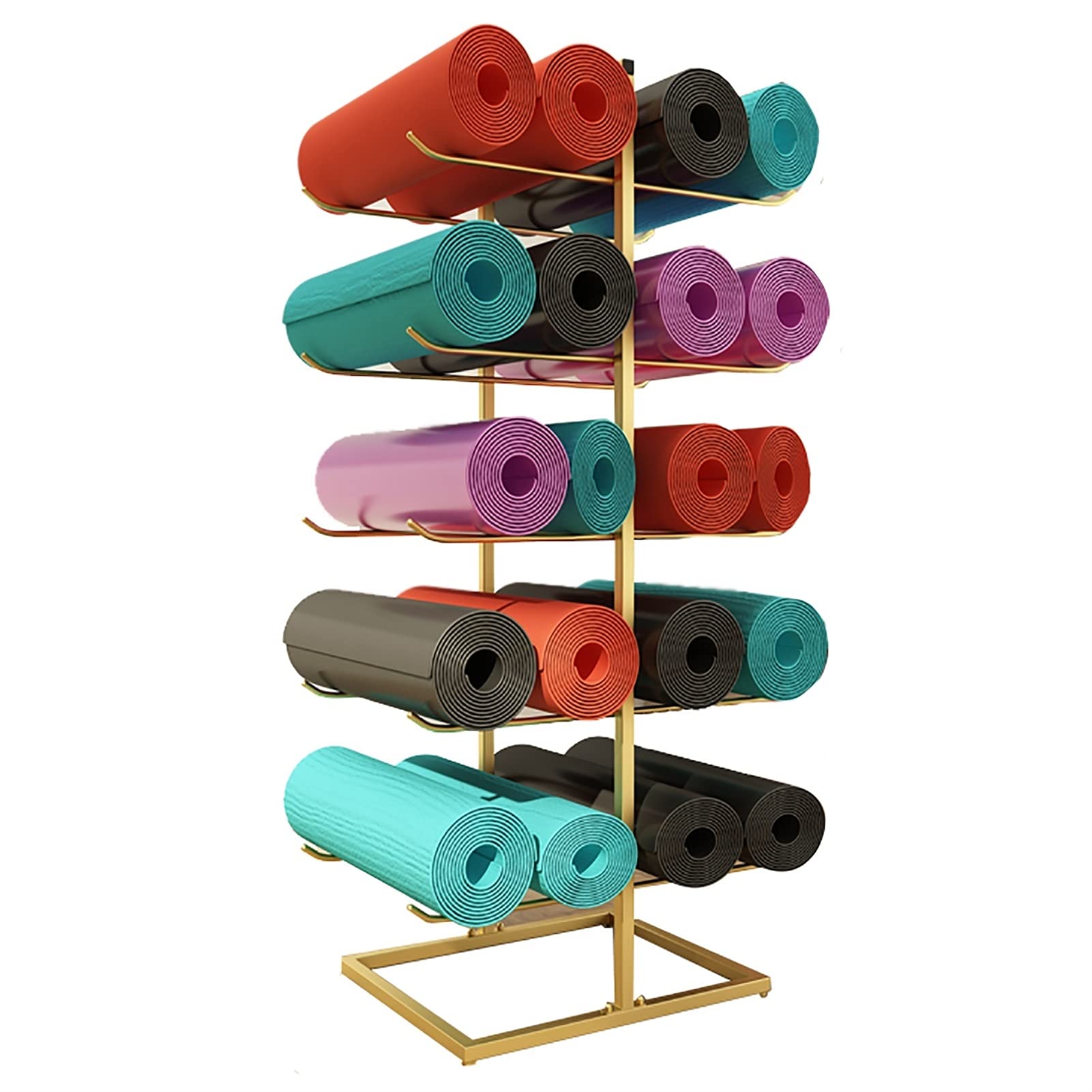Support tapis de yoga extra large : étagère dorée à 5 niveaux pour gym à la maison