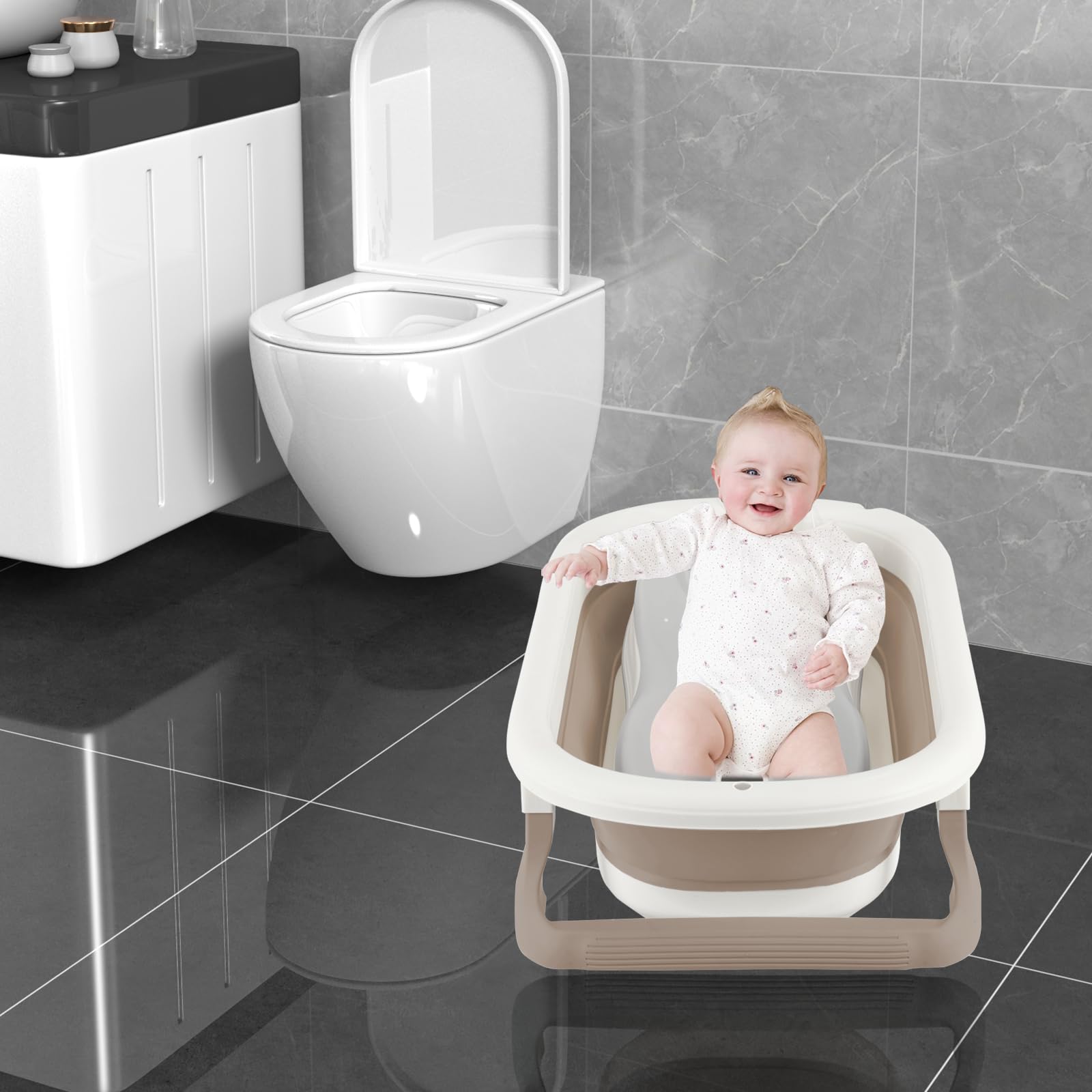 Bañera de bebé plegable con termómetro digital, soporte de ducha y asiento, para recién nacido (Kaki, asiento, 71x43x18.5 cm)