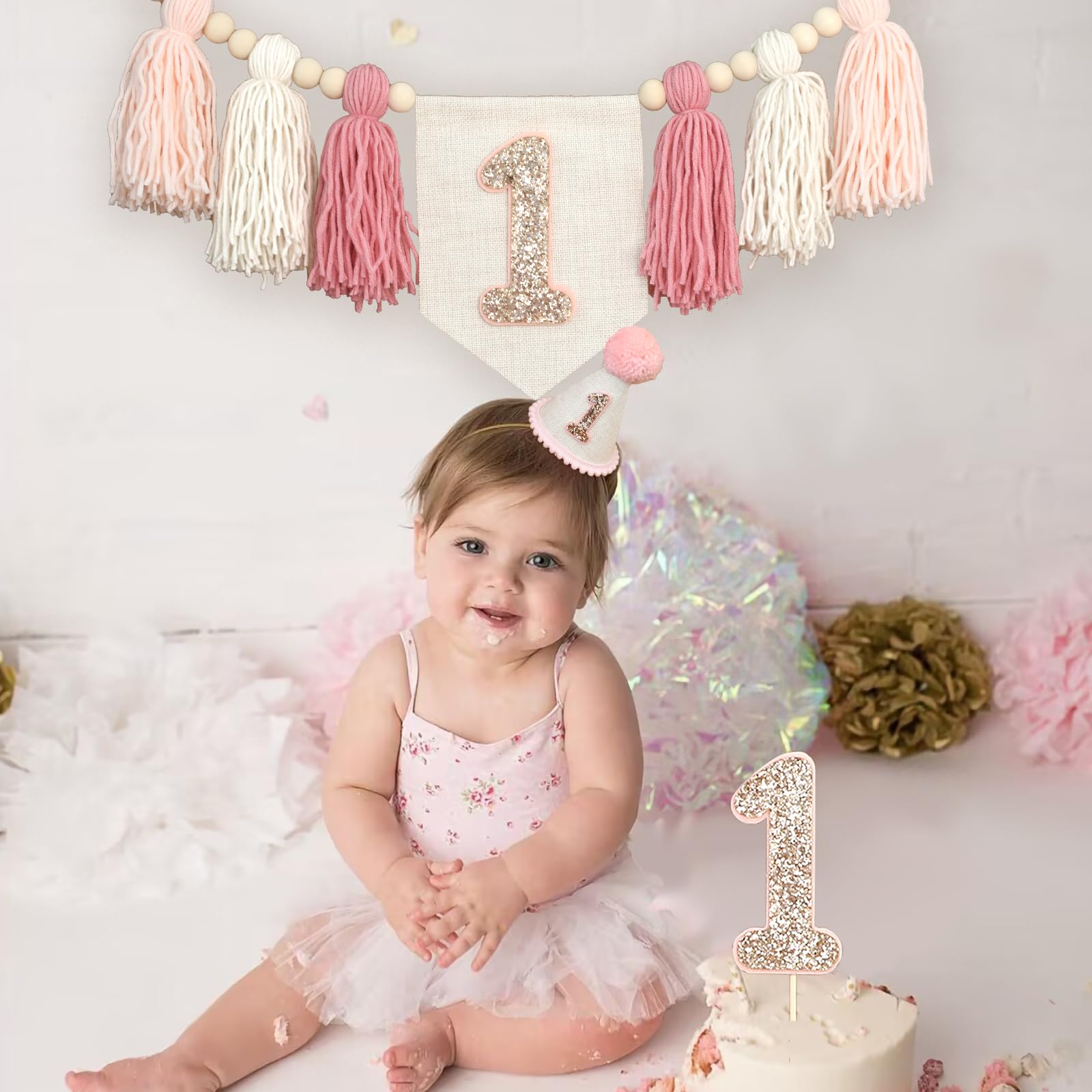 HODIHIWI Pink Baby Girl 1st Highchair Banner Wood Bead Tassel Garland Conical Cap Bling Cake Topper Birthday Party Decorations