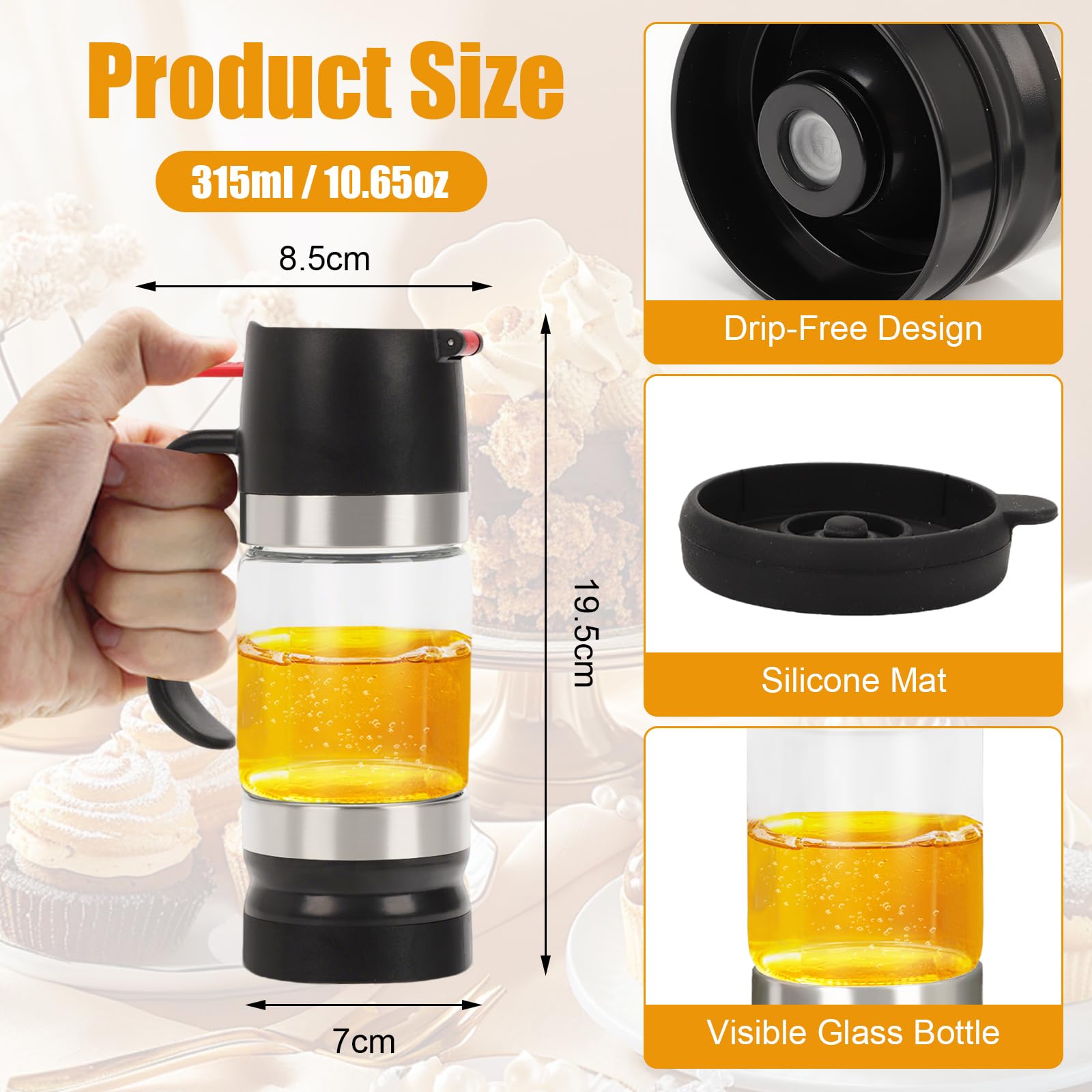 mumisuto Honigspender Tropffrei Glas, 315 Ml Sirup Spender, 10,65 Ounces Honiggläser Abnehmbare Obere und Untere Abdeckung, Küchenzubehör für Sirup Zucker Sojasauce Kochen Wein Andere Flüssigkei