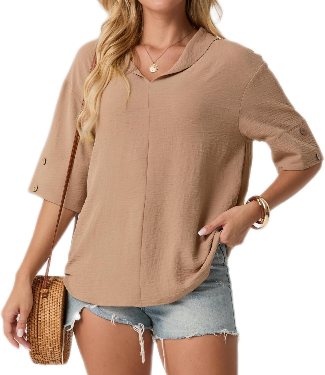 IWOLLENCE Collared Shirts for Women Half Sleeve V Neck Blouse Loose Fit Pullover Summer Tops - Image 3